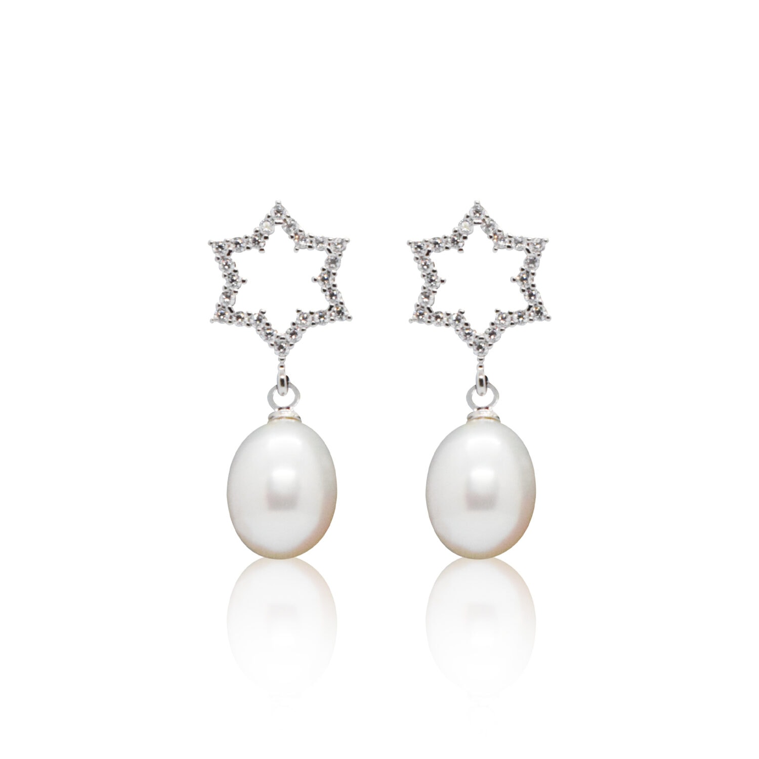 Starry CZ Studs With Oval White Pearl Drops