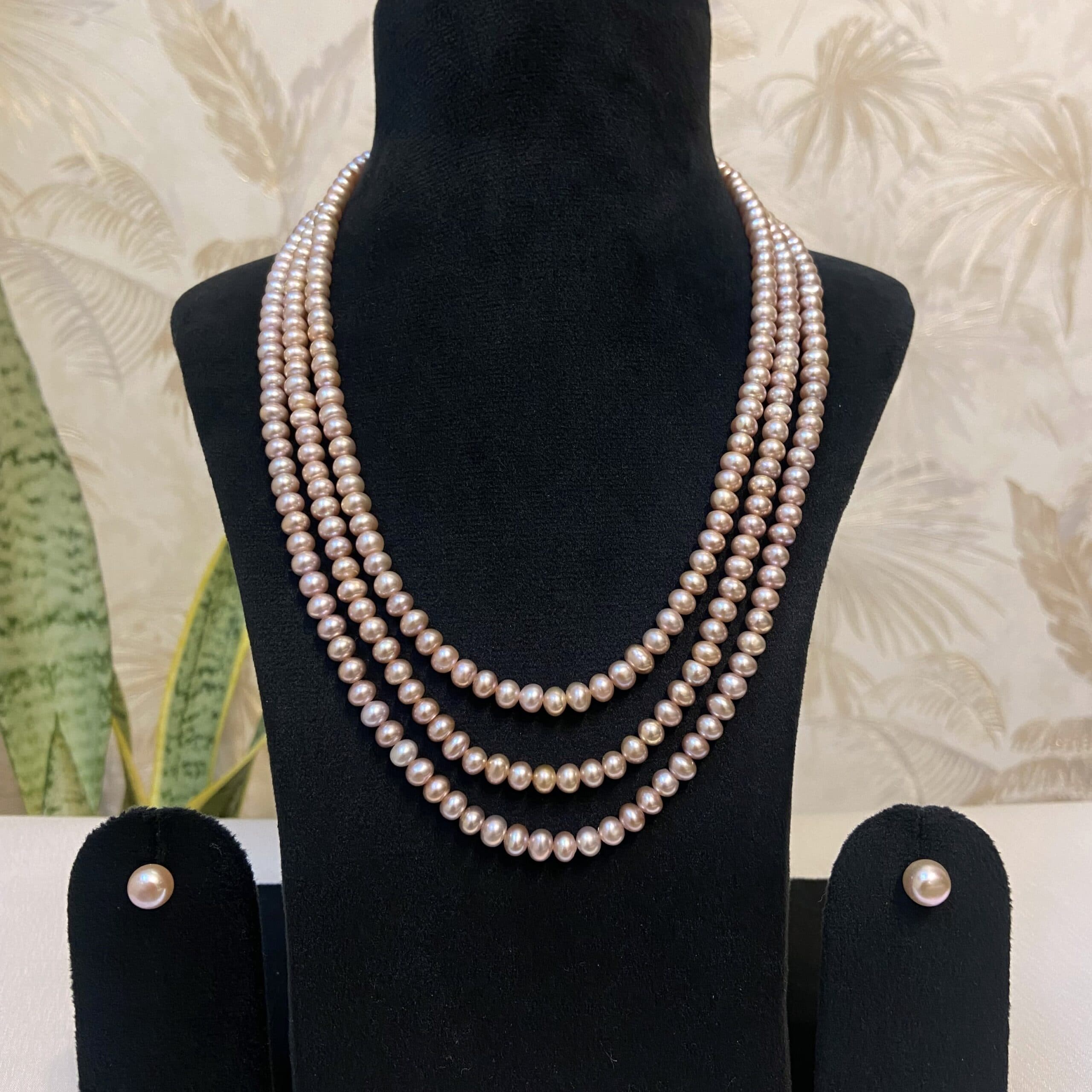 3 Lines Dark Pink Pearl Necklace Set in 5mm Half Round Pearls