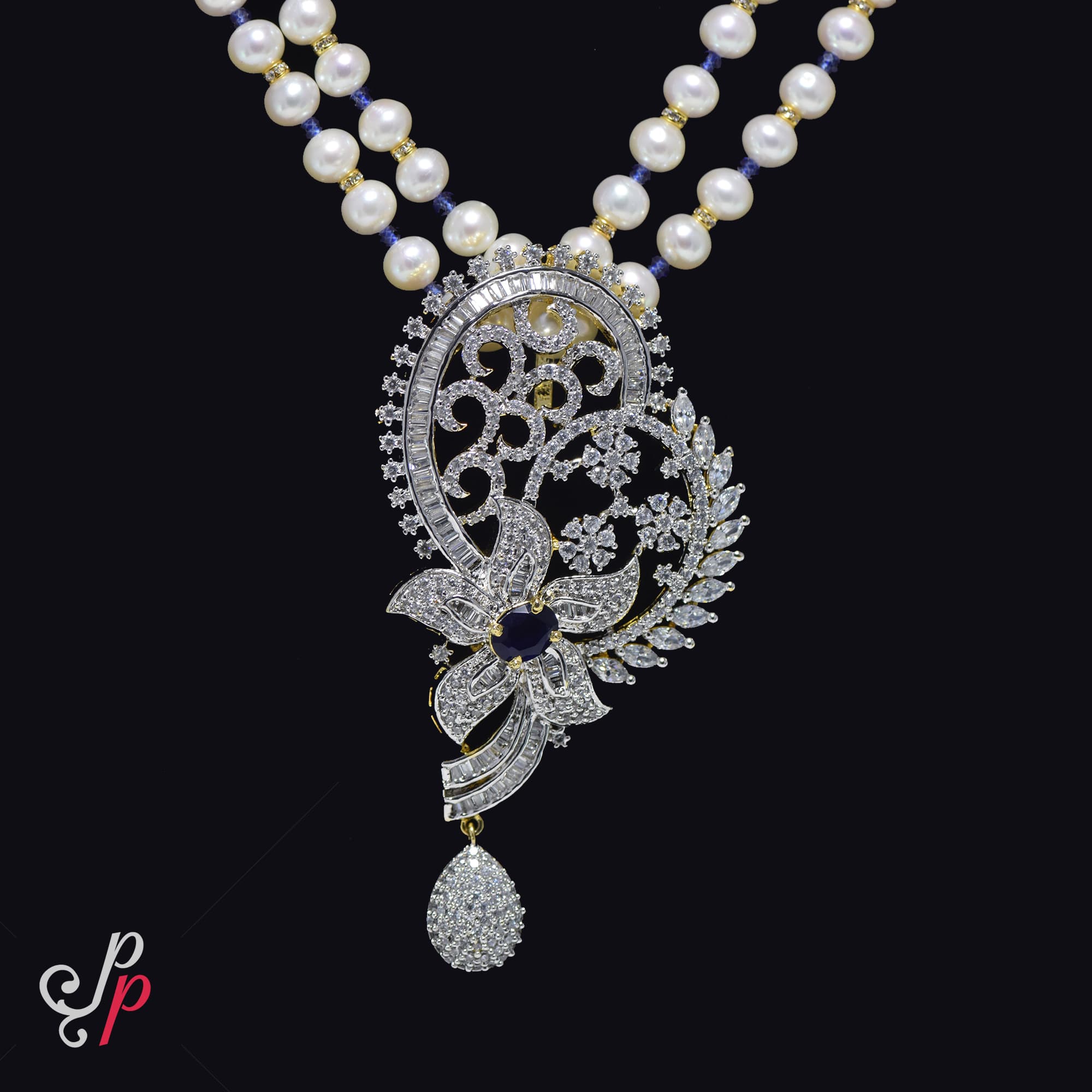Gorgeous 2 Lines Pearl Necklace Set in Stylish and Glittering Pendant - Image 3