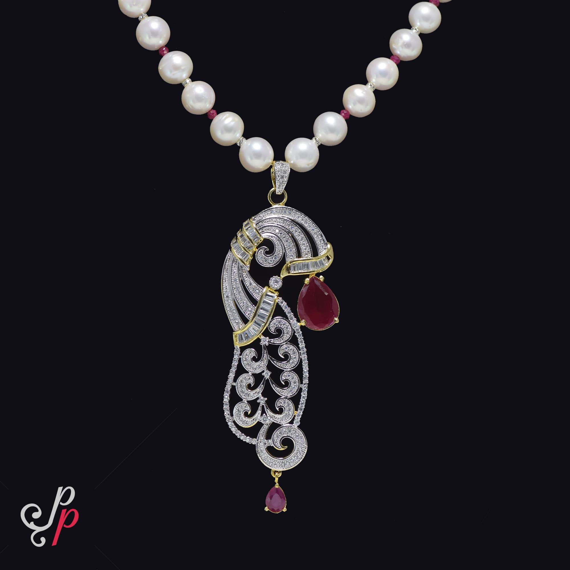 Magnificent and Bold Pearl Necklace Set in Long Ruby Pendant - Image 3