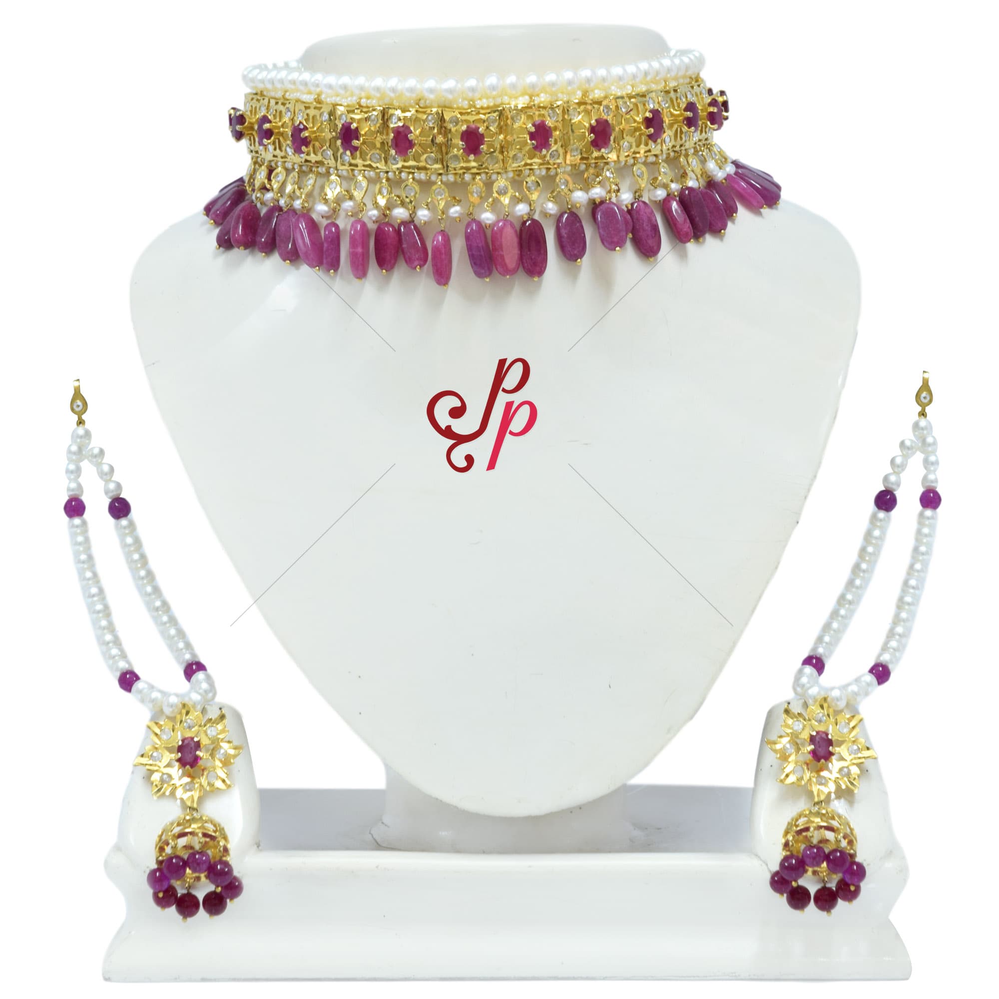 Full Nizam bridal set - 7 Step Pearl Set and Choker in Semi Precious Rubies - Image 4