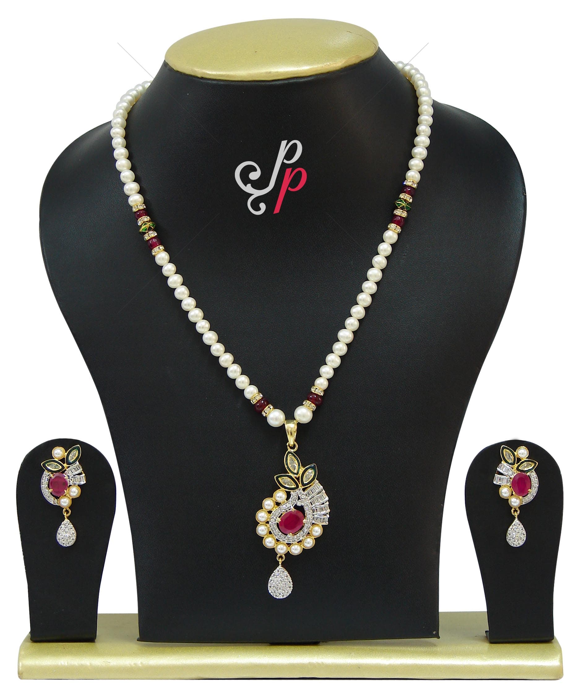 Simple and stylish pearl necklace set with designer leaf like pendant