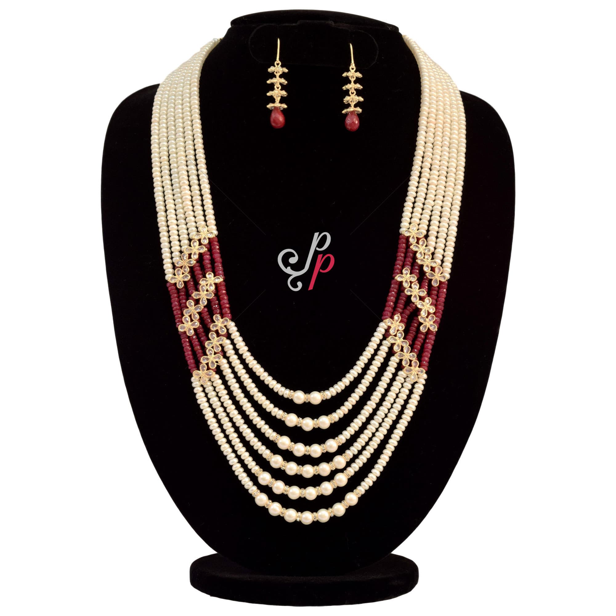 Magnificent 6 Strands Of Pearls Set With Precious Real Rubies