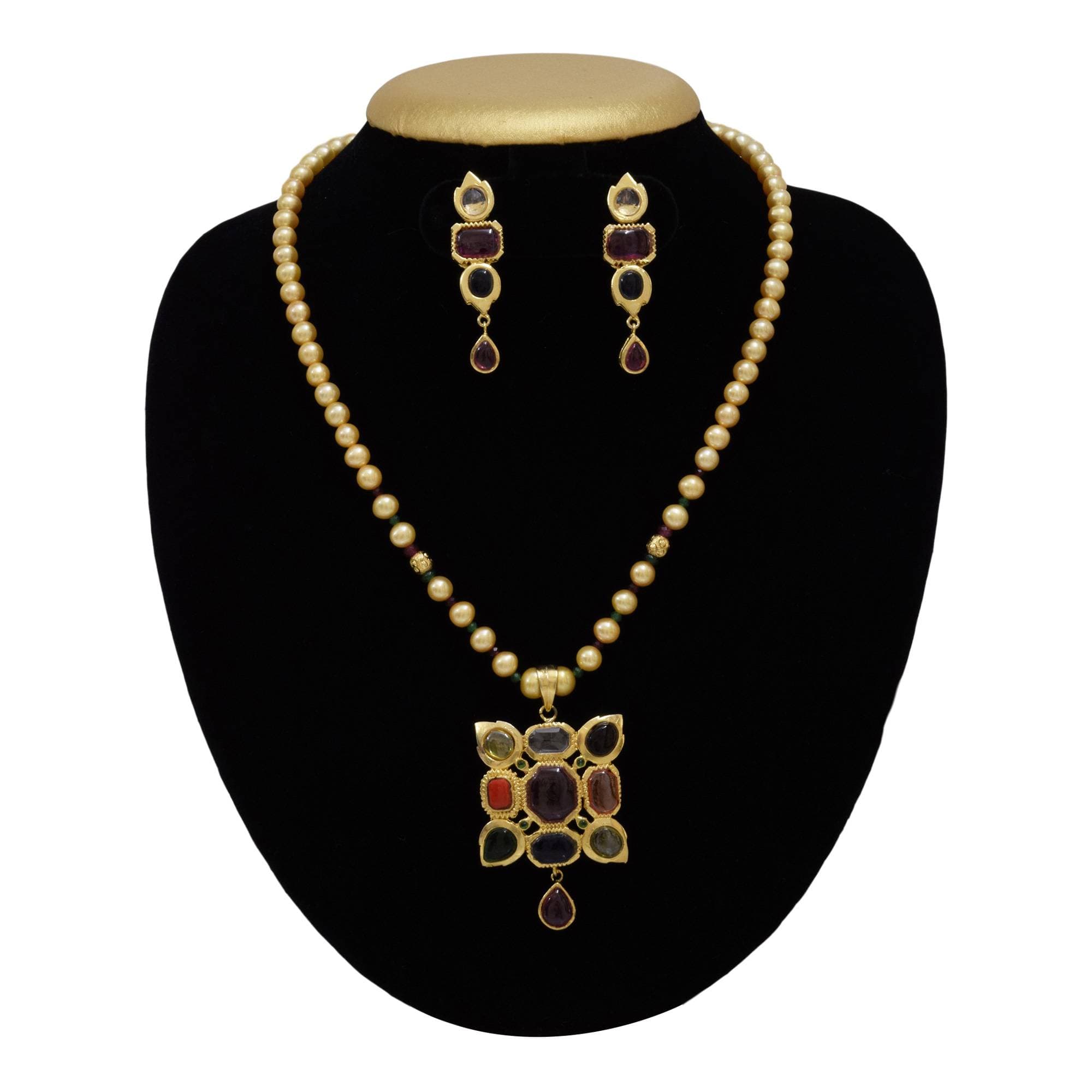 Gujarati Styled - Pearl Necklace Set in Nav Ratan Type Pendant