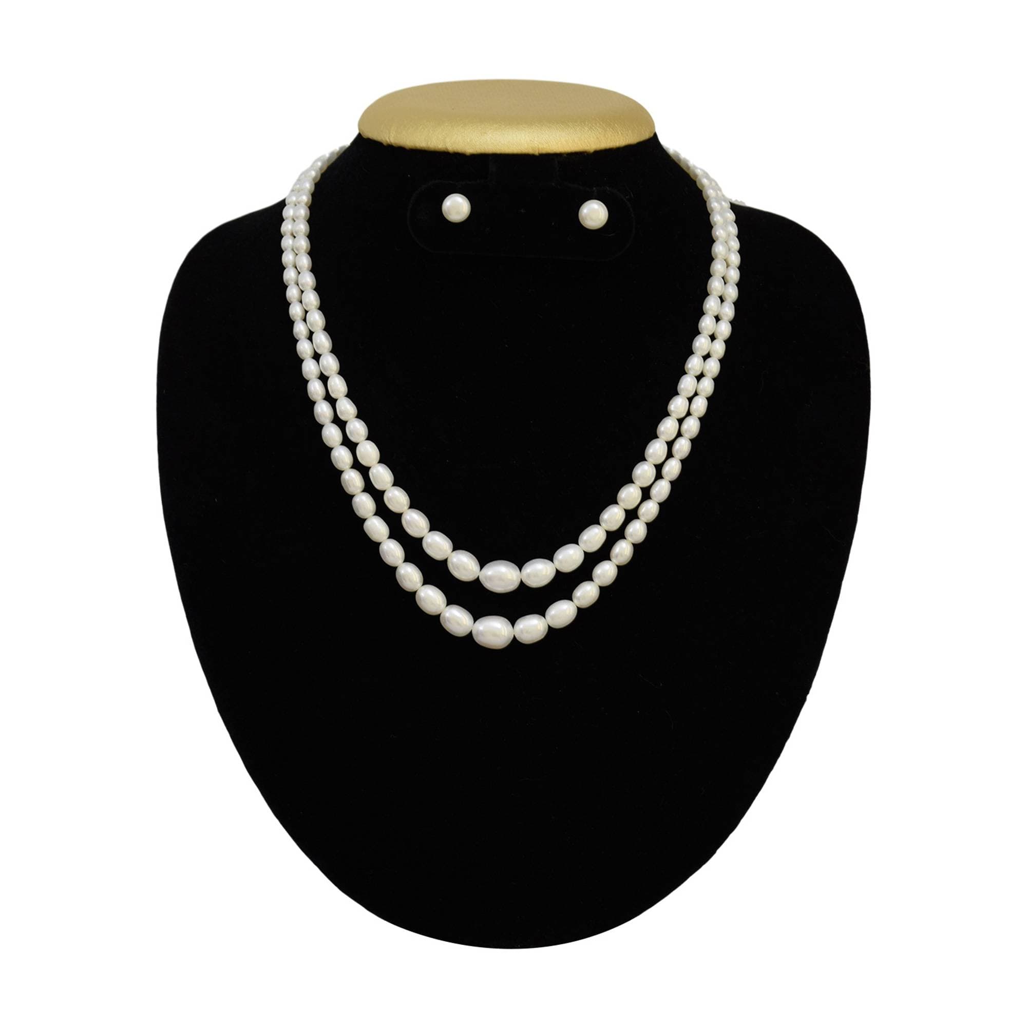 2 Lines White Graduated Pearl set in 4mm to 10mm long, Oval Shaped Pearls