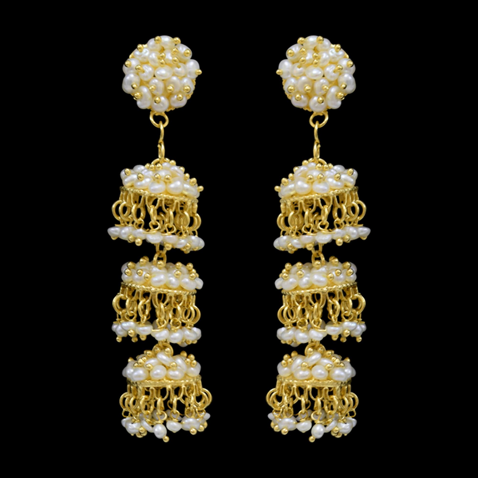 Triple decked seed pearl jhumkas