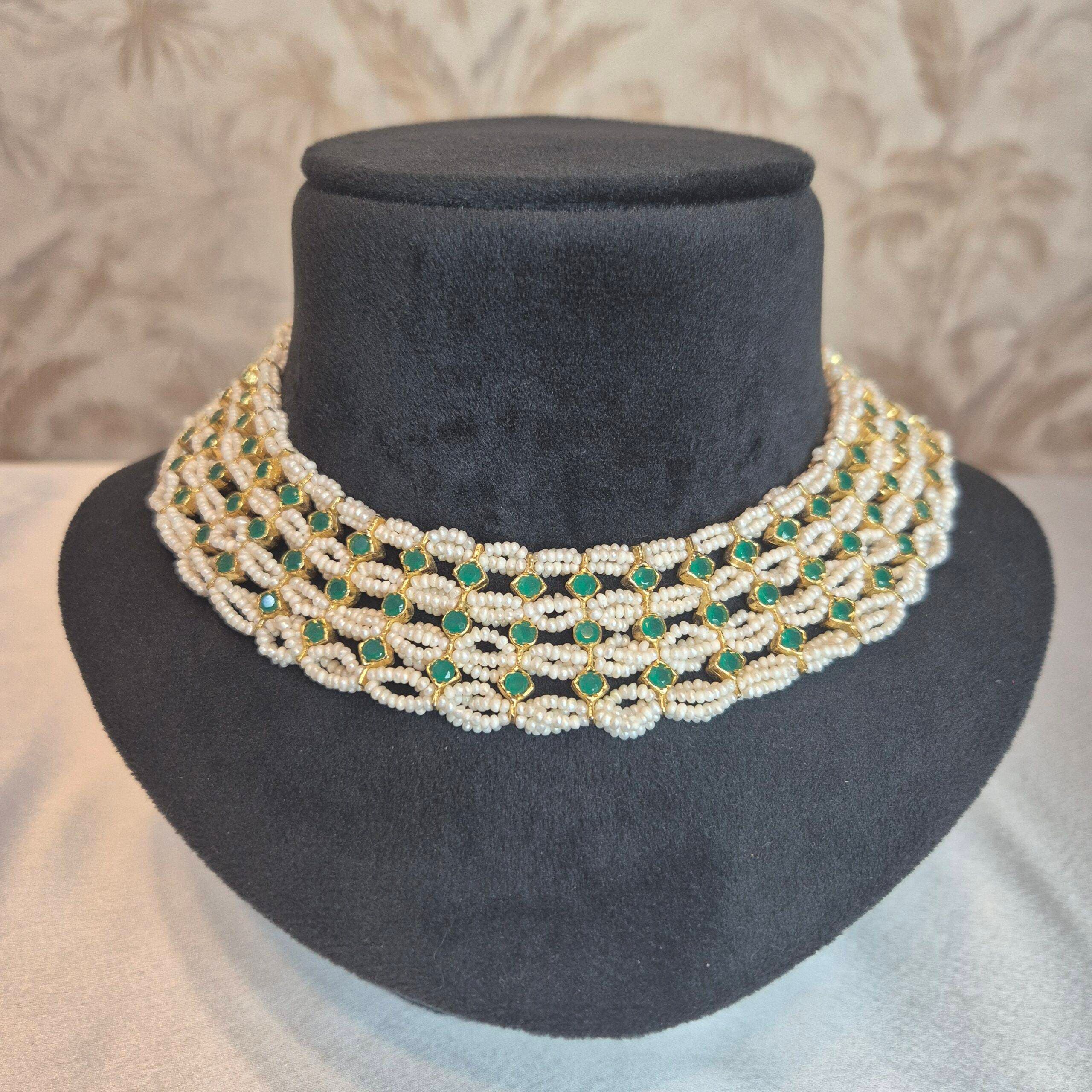 Broad Pearl Choker in Tiniest White Seed Pearls and SP Emeralds