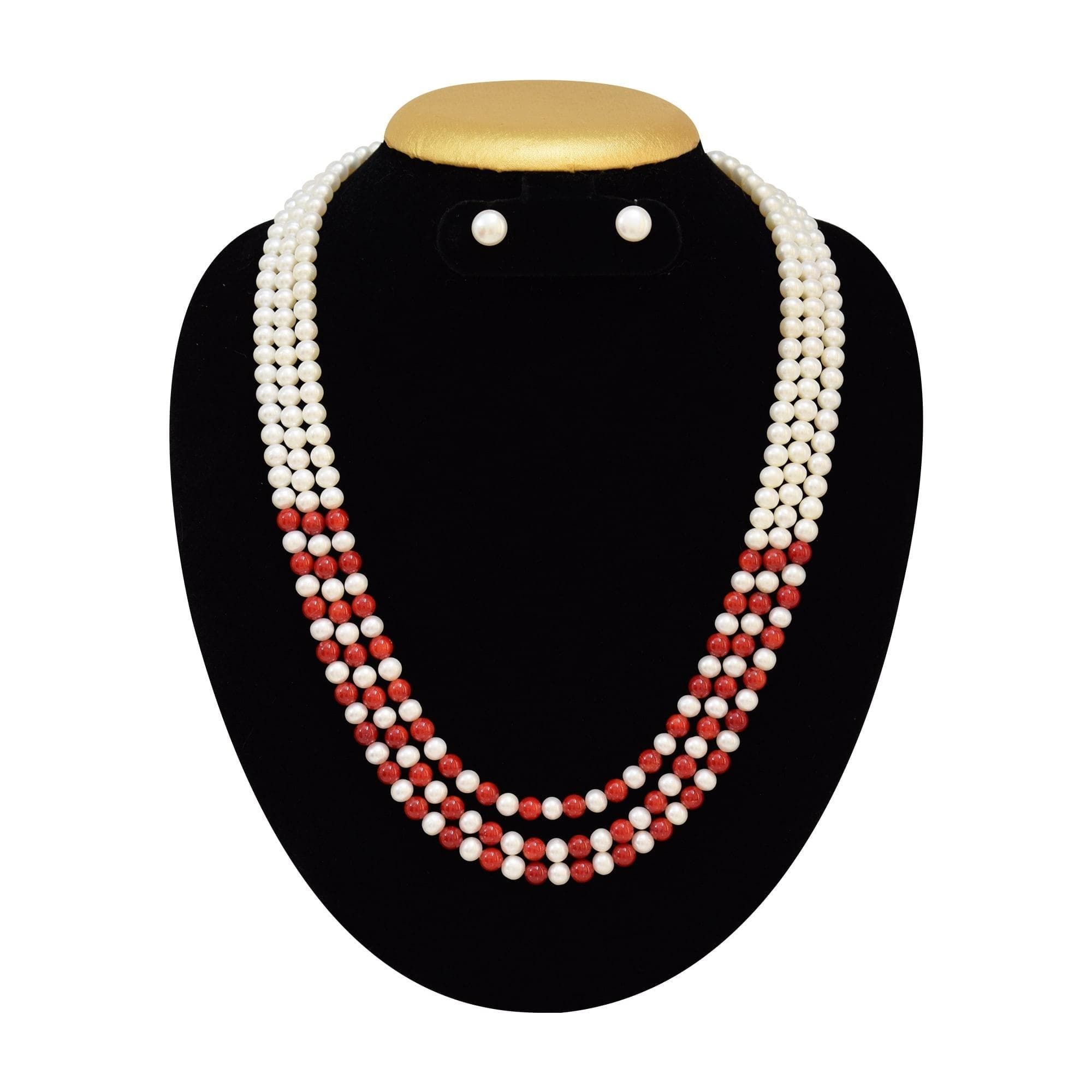 3 Lines Pearls and Coral Necklace set in Extraordinary 5mm Round Pearls
