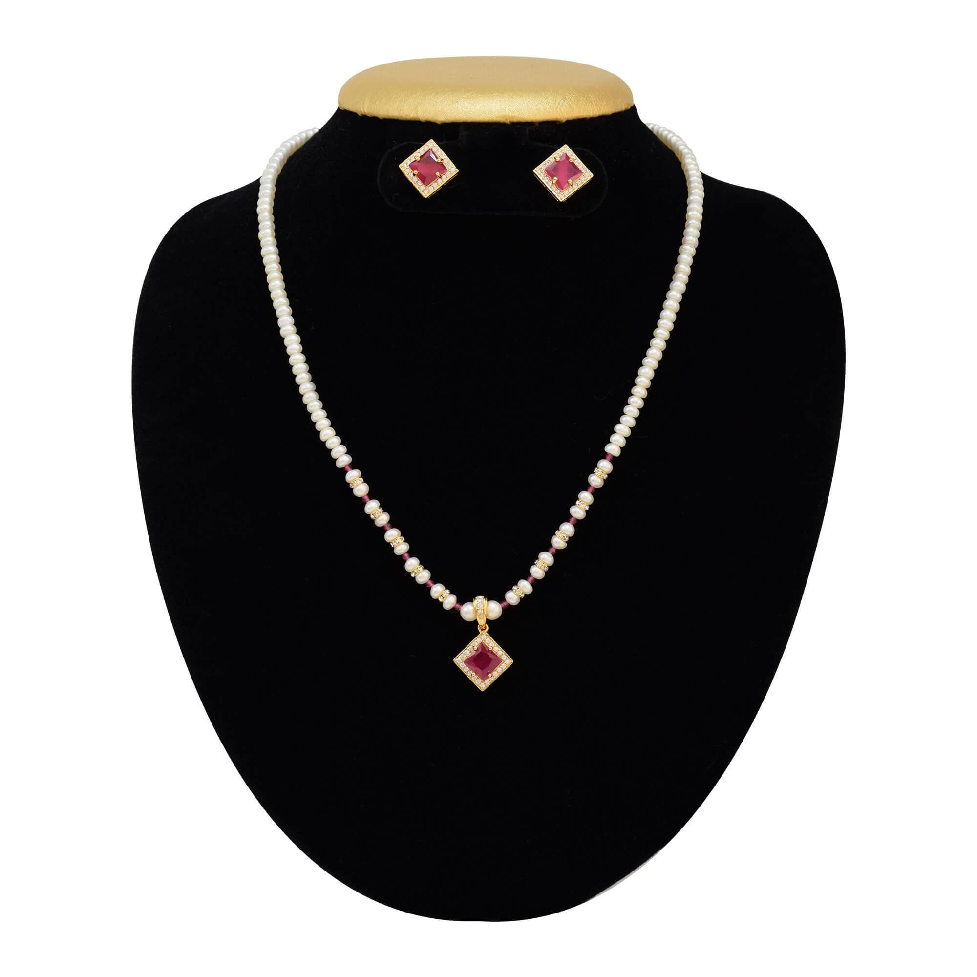 Pearl Set in Small 3mm White Roundish Pearls and Ruby Pendant