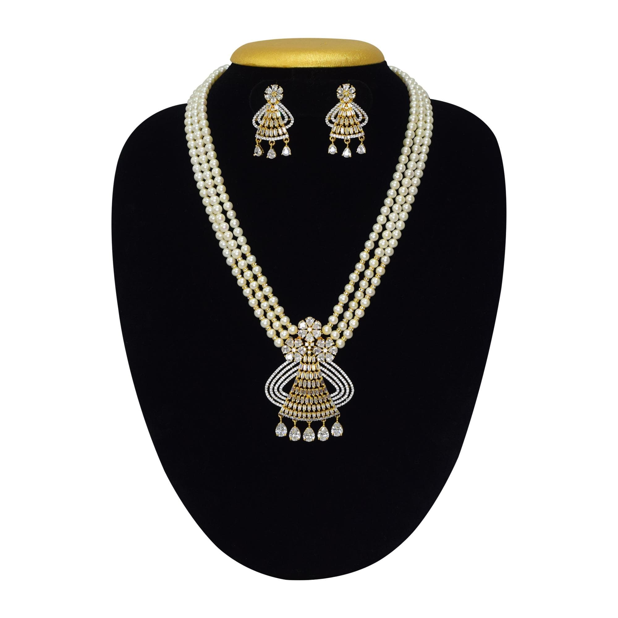 Classy 3 Lines Pearl Necklace with a Crystalline Pendant