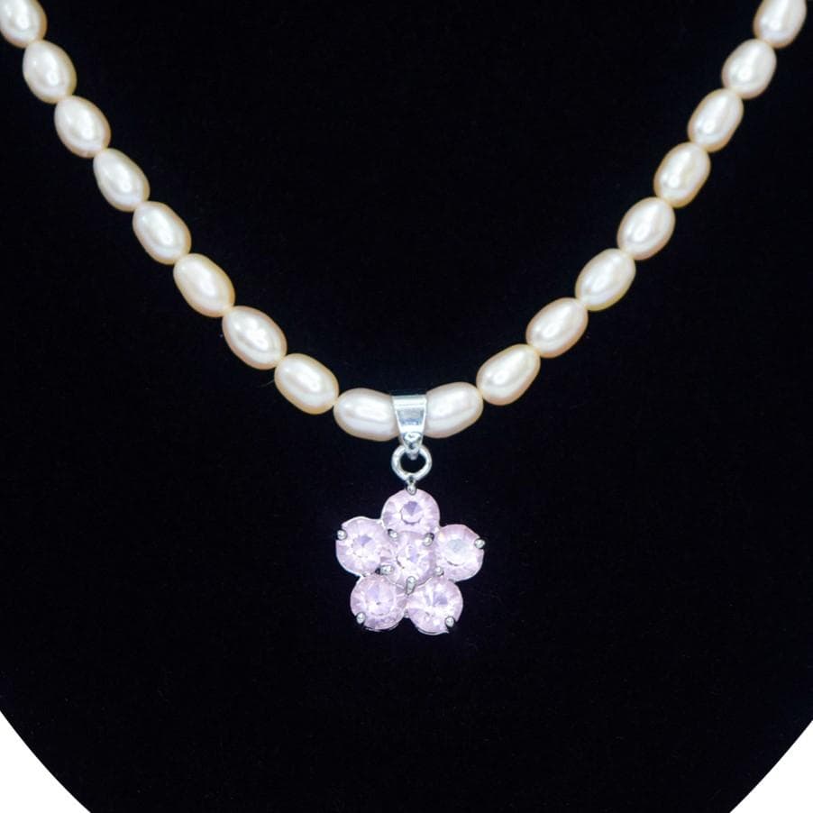 Cute Pink Pearl Necklace with Flower-Like Crystal Pendant - Image 2
