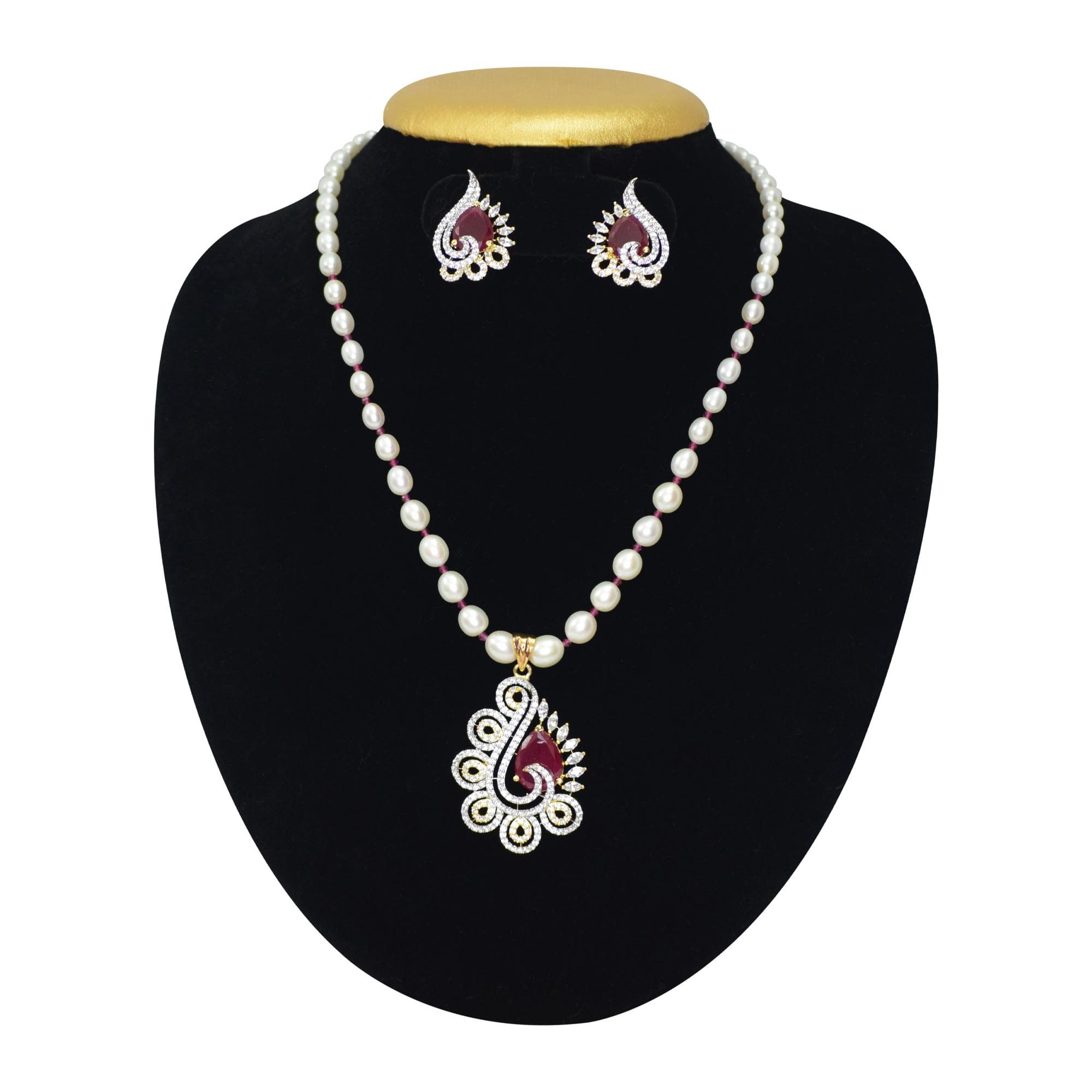 Simple Graduated White Pearl Necklace With Oval Pearls & SP Rubies