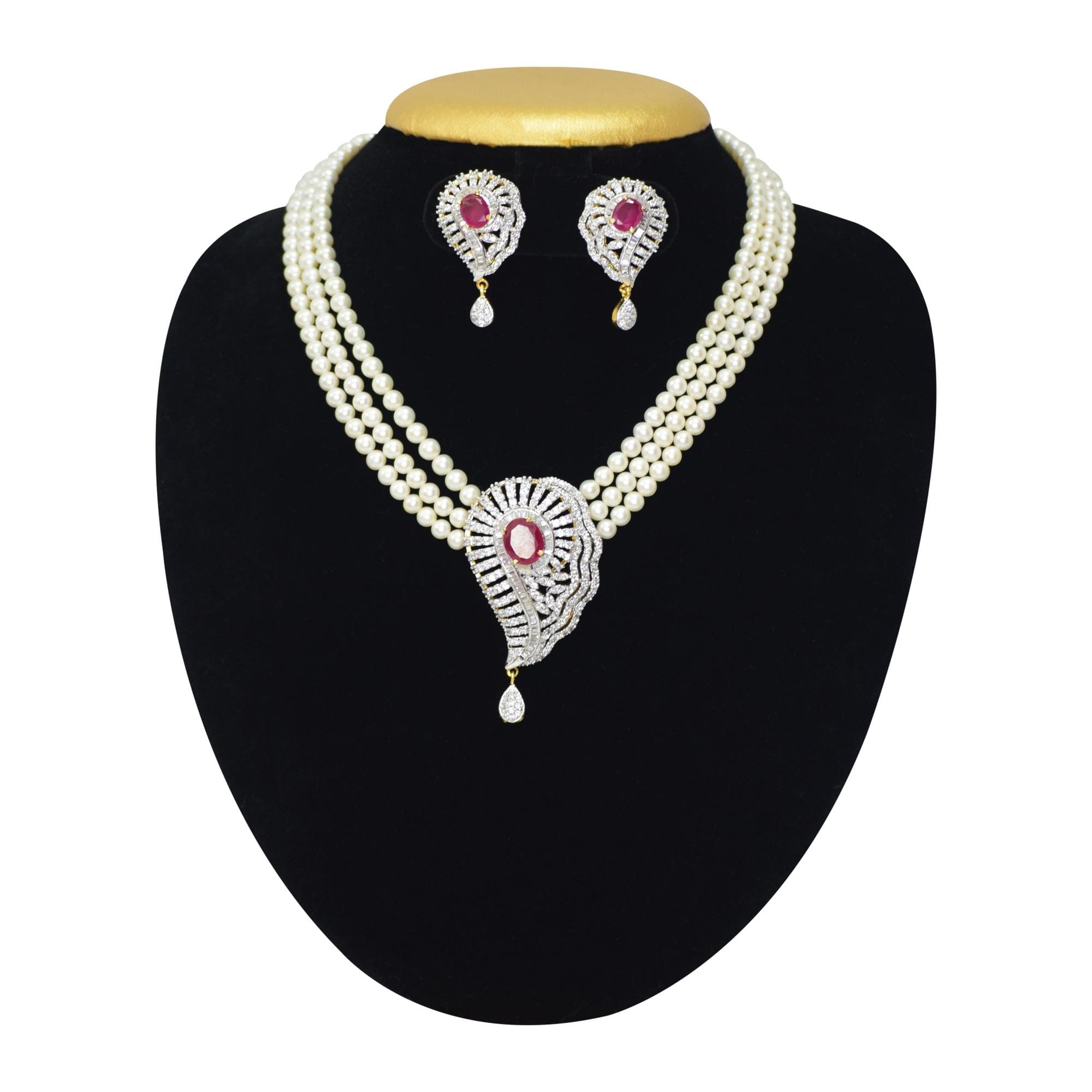 Alluring Three Row White Pearl Necklace With A Stylish Pendant