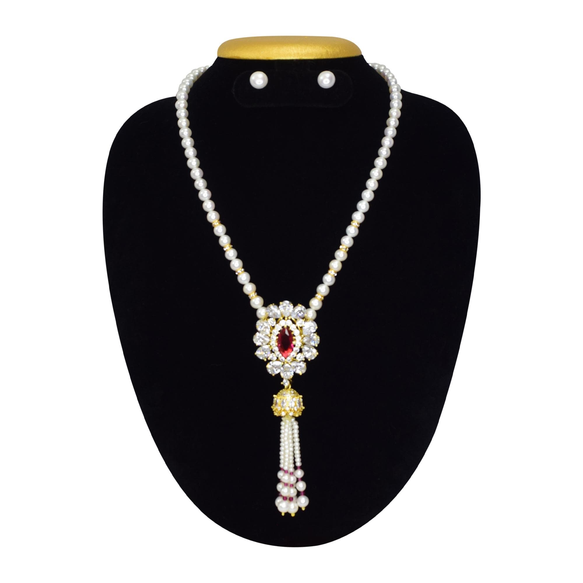 Glamorous White Pearl Necklace with AD and SP Ruby Pendant