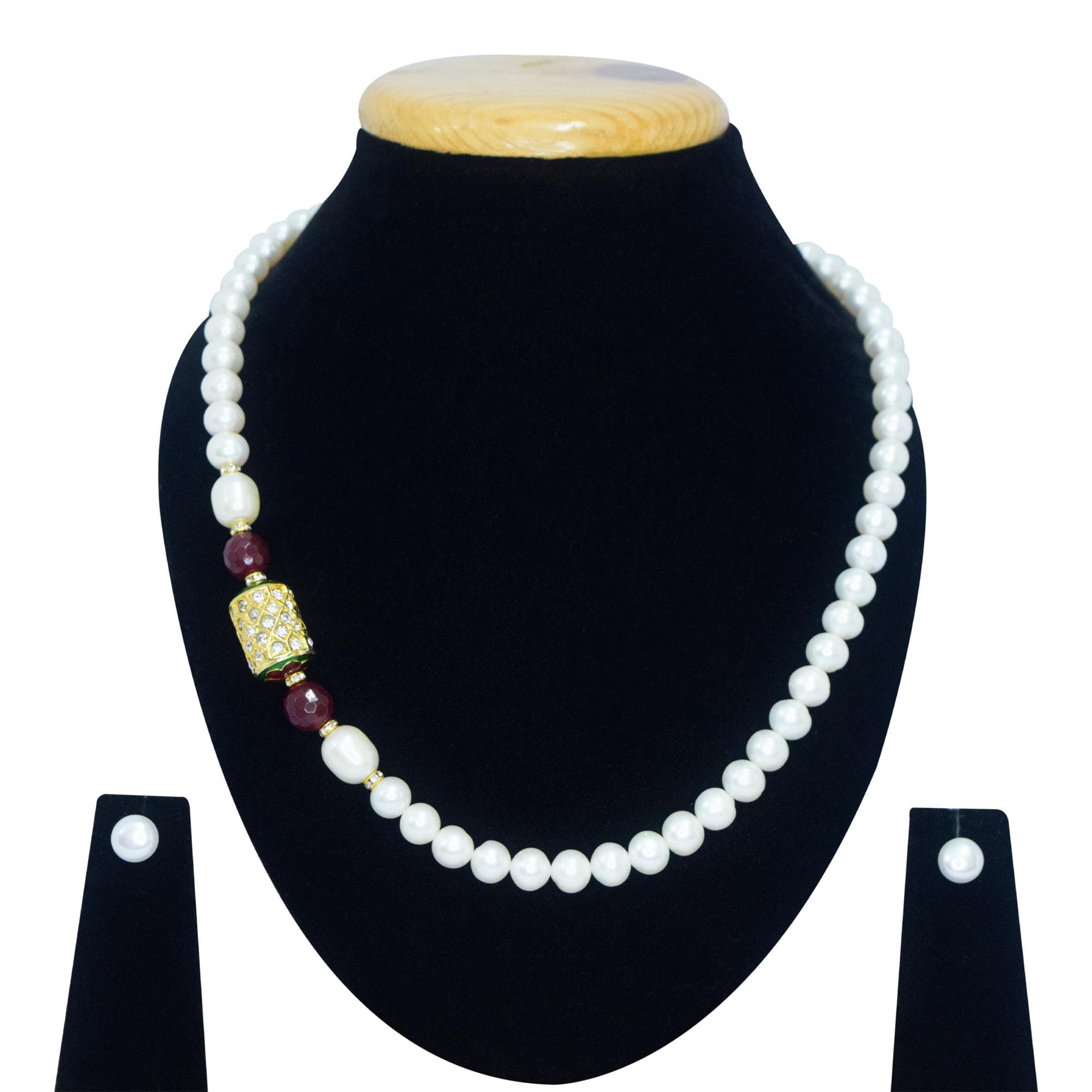 Luminous White Round Pearl Necklace With Side Meenakari Dholak Pendant