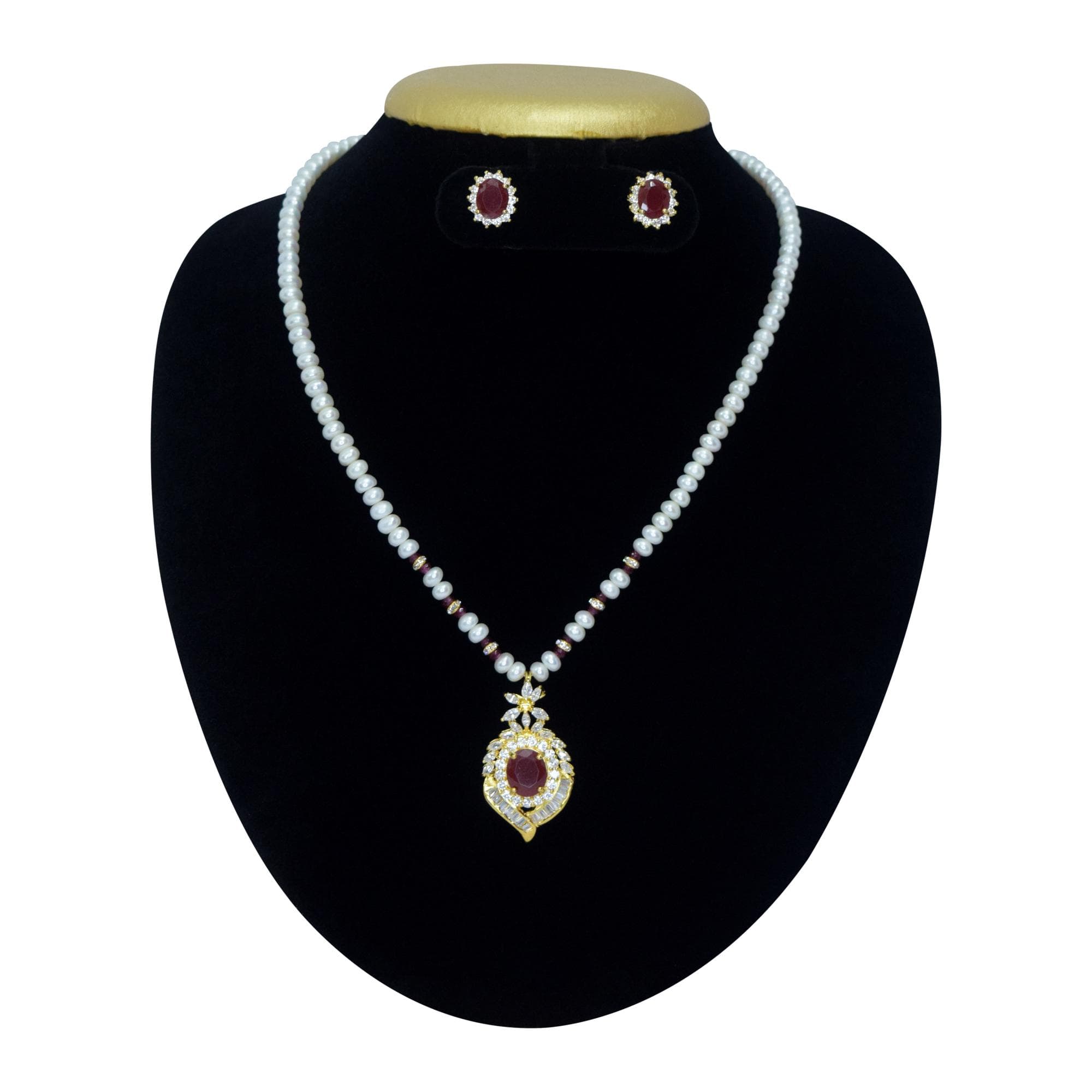 Ethnic White Pearl Necklace With AD & SP Ruby-Studded Glorious Pendant