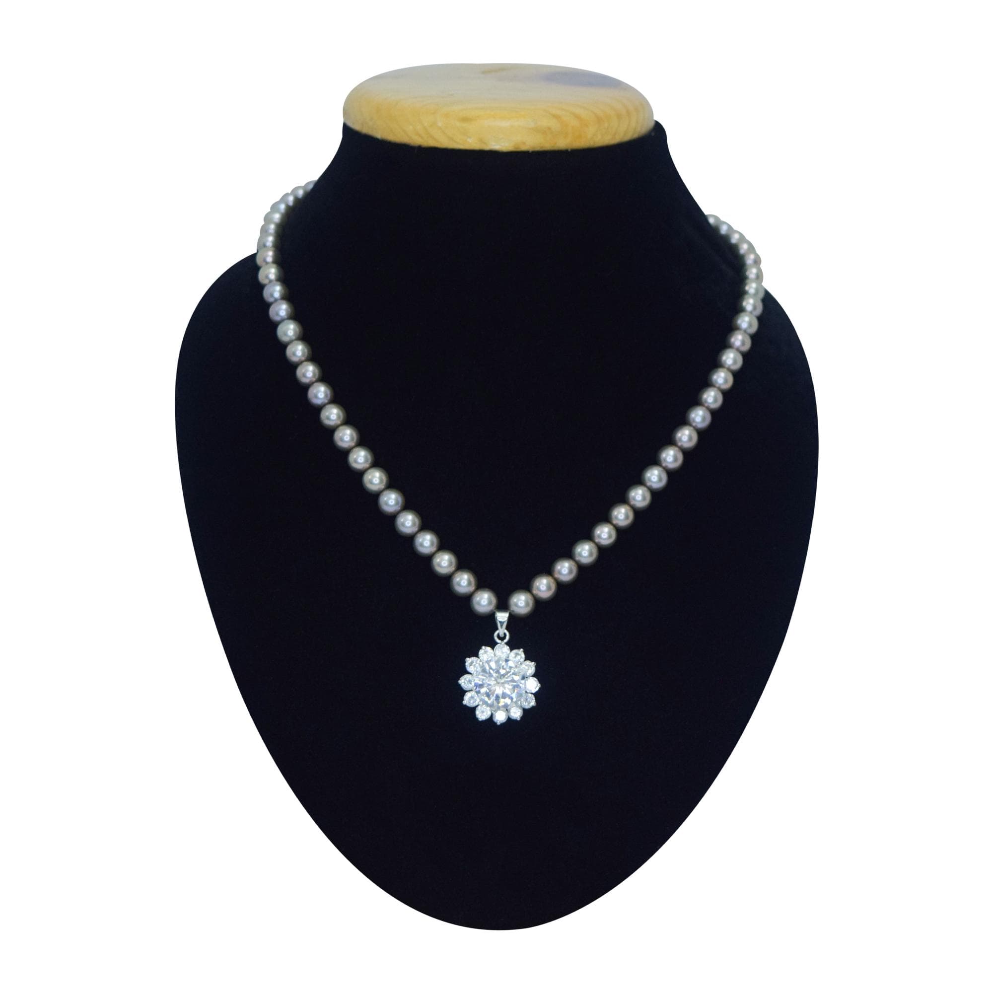 Subtle Brown Round Pearl Necklace With Sparkling AD Flower Pendant