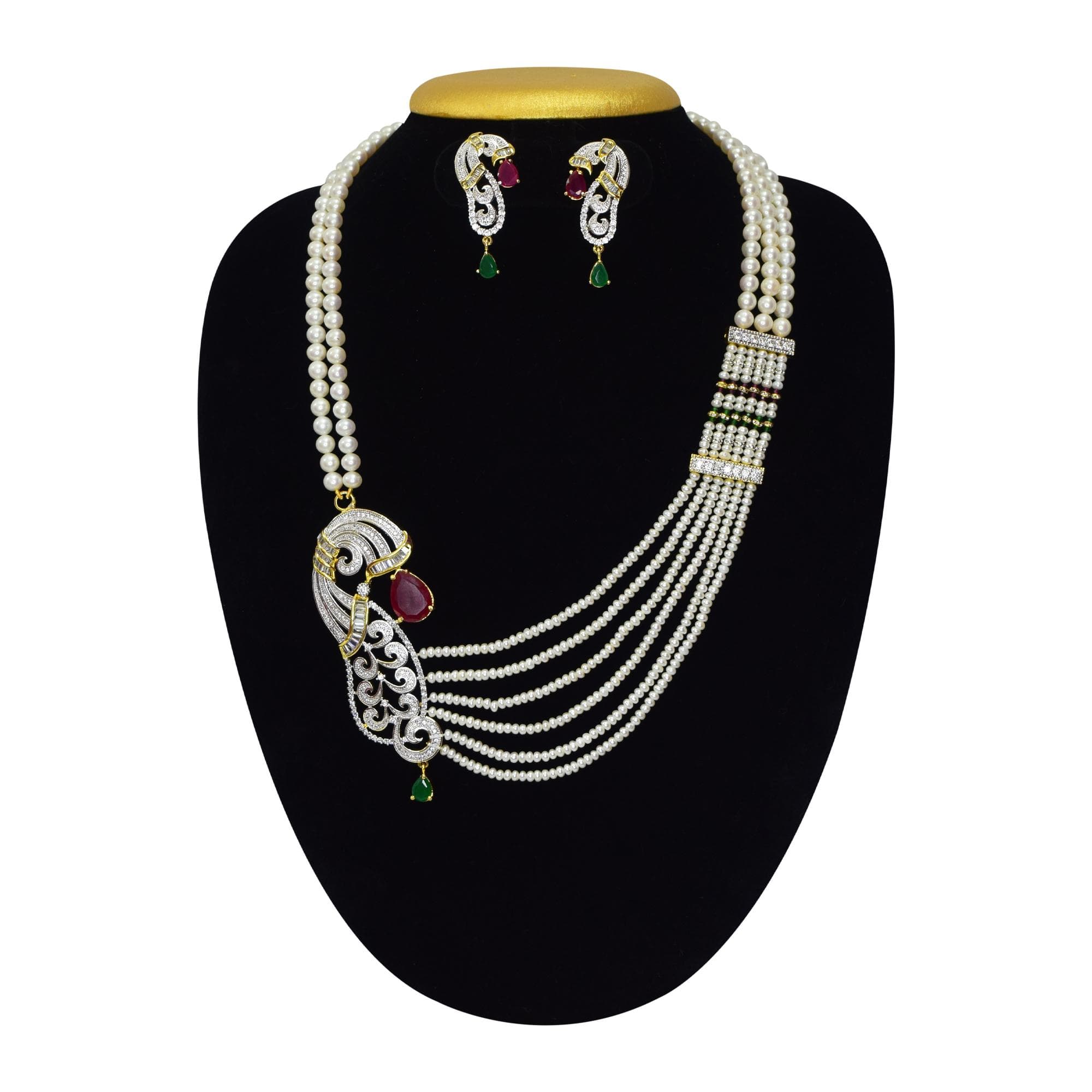 Bold & Beautiful White Multi-Layer Pearl Necklace Set With Side Brooch