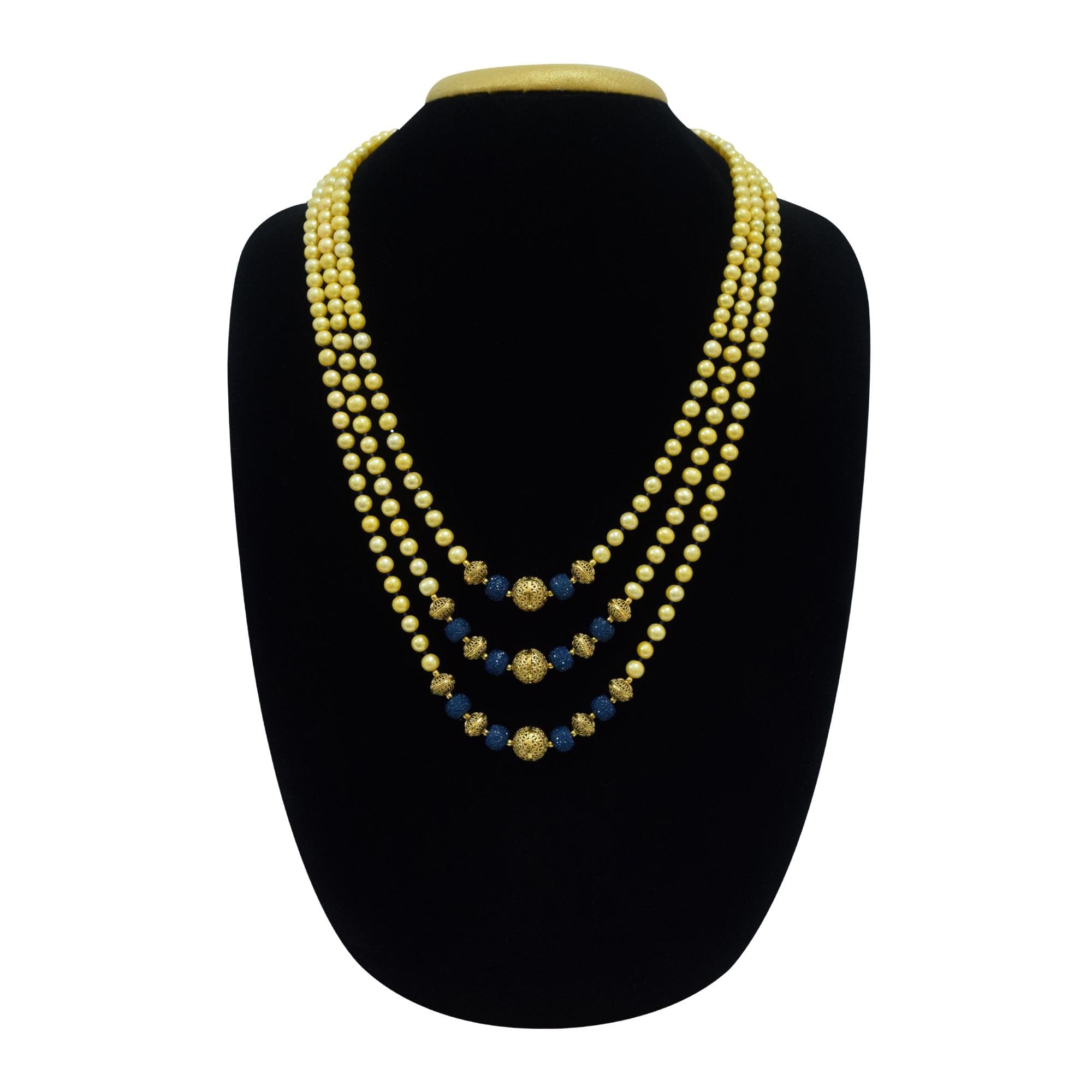Regal Golden Pearls Mala with Gold Balls & Blue Crystals For Grooms