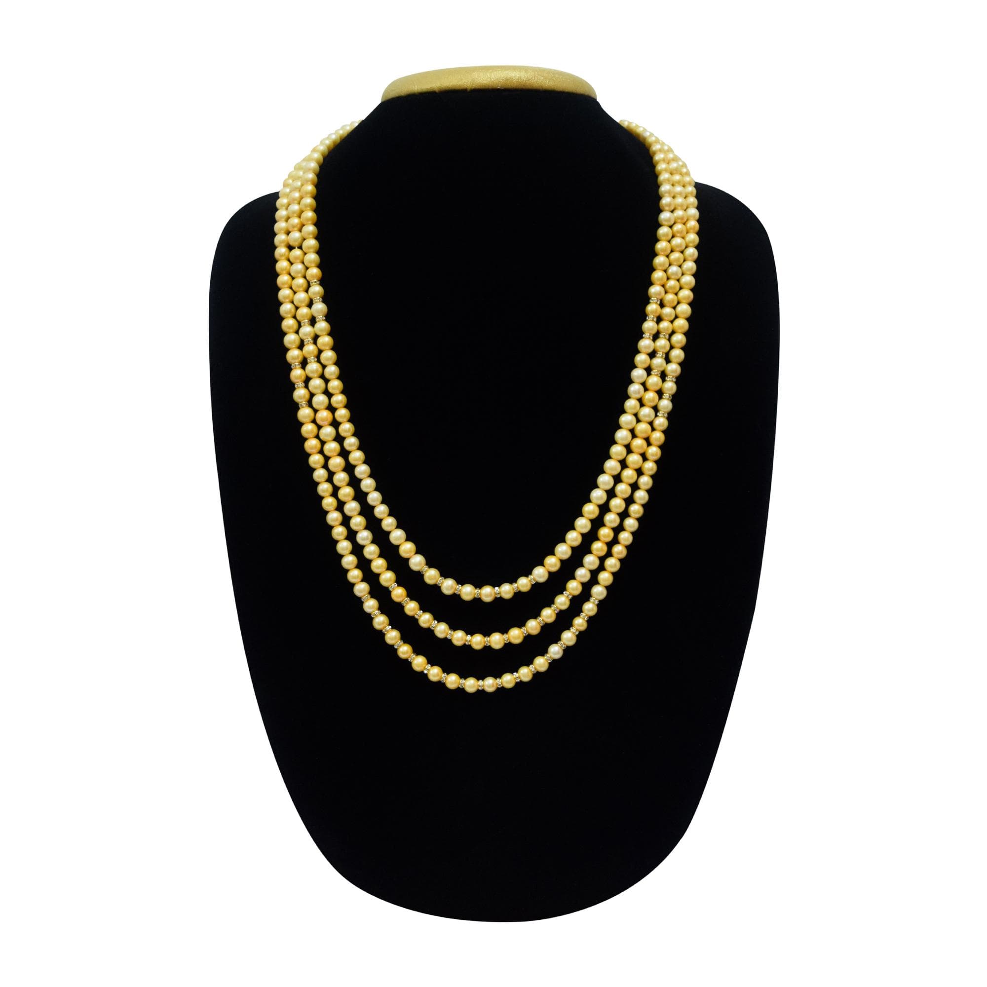 Classy Mens Triple Line Golden Round Pearls Mala With AD Roundels
