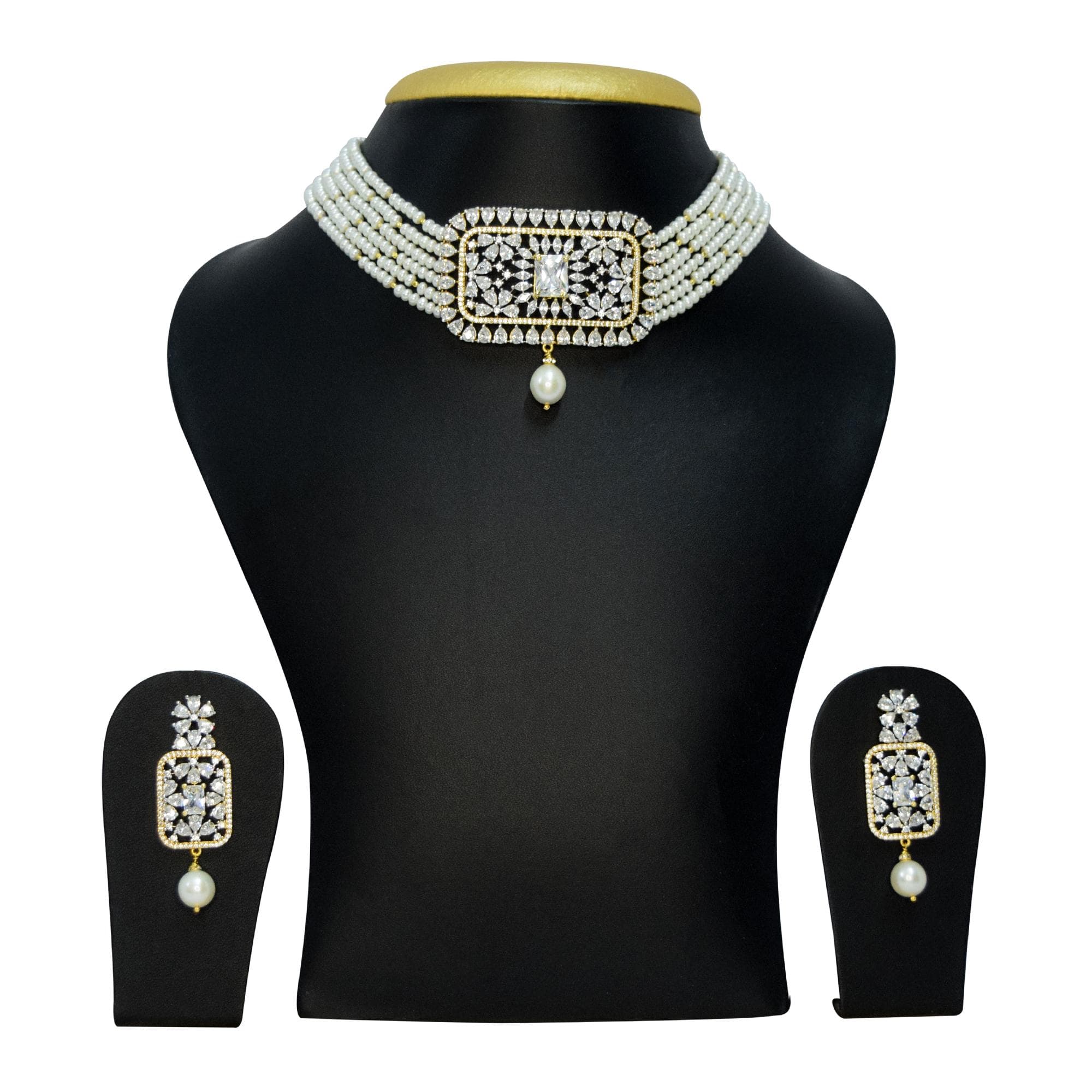 Luxurious Multi Strand Pearls Choker With Zircon Pendant