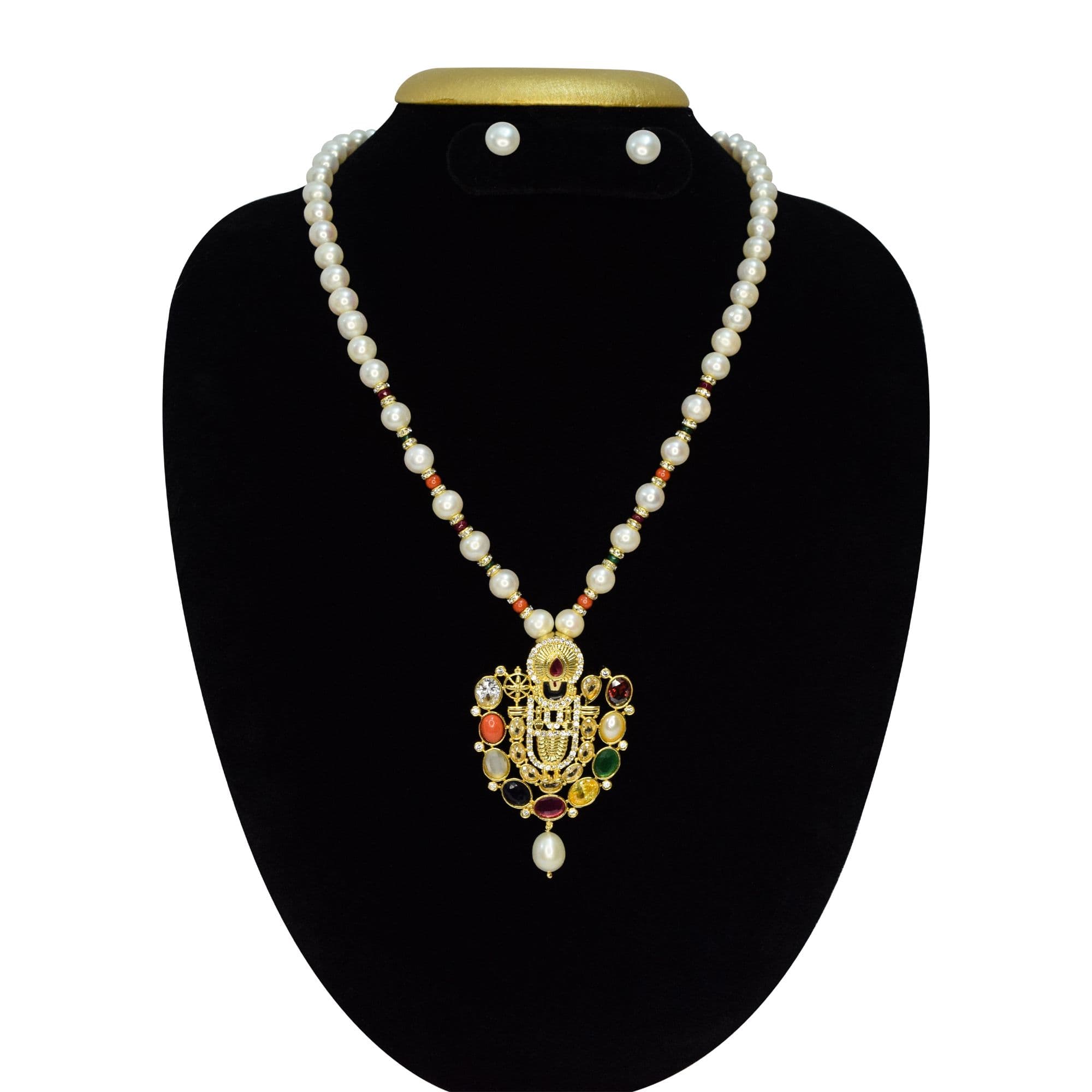 Rich White Pearls Mala With Navaratna Lord Balaji Pendant