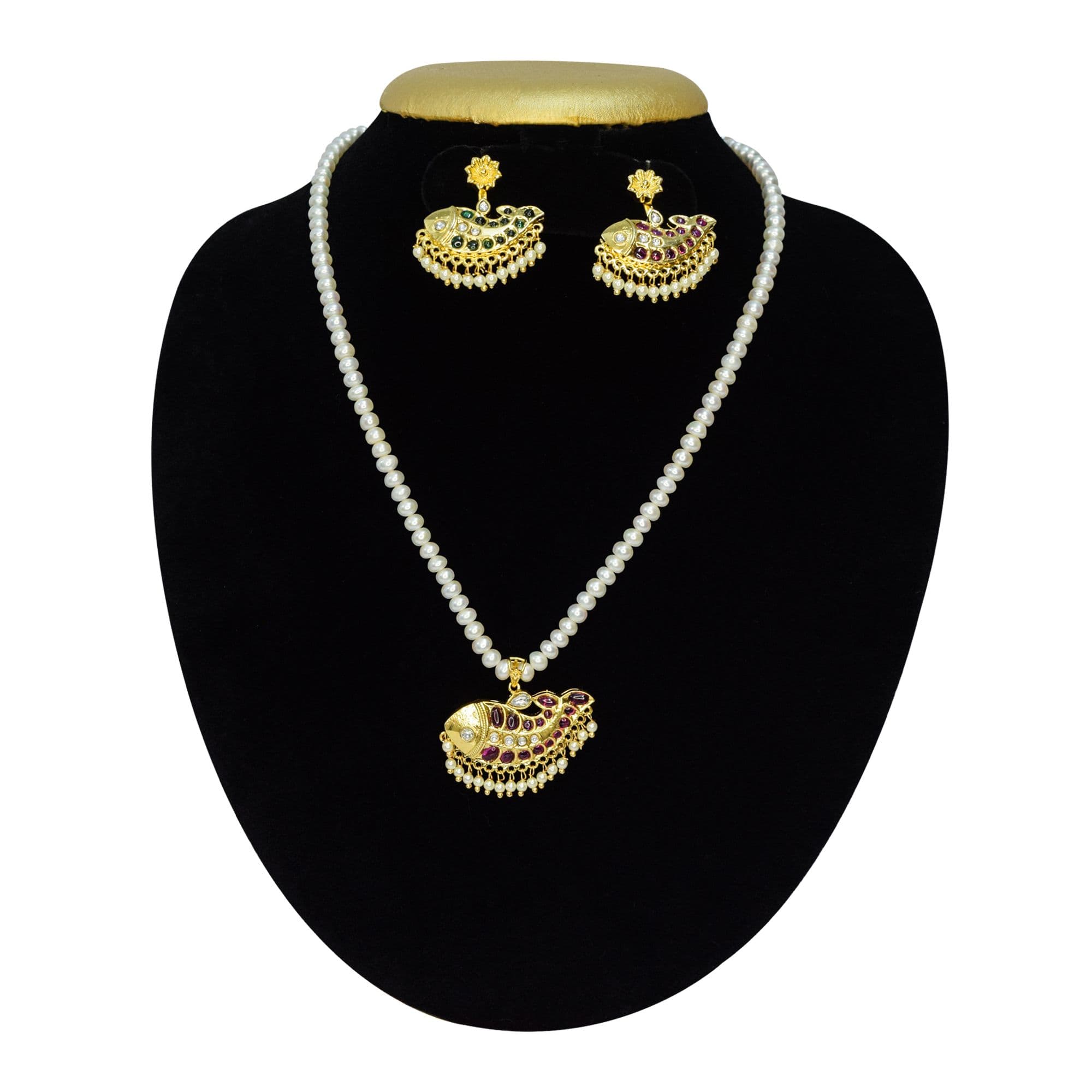 Marvelous White Pearls Necklace With Reversible Fish Kundan Pendant