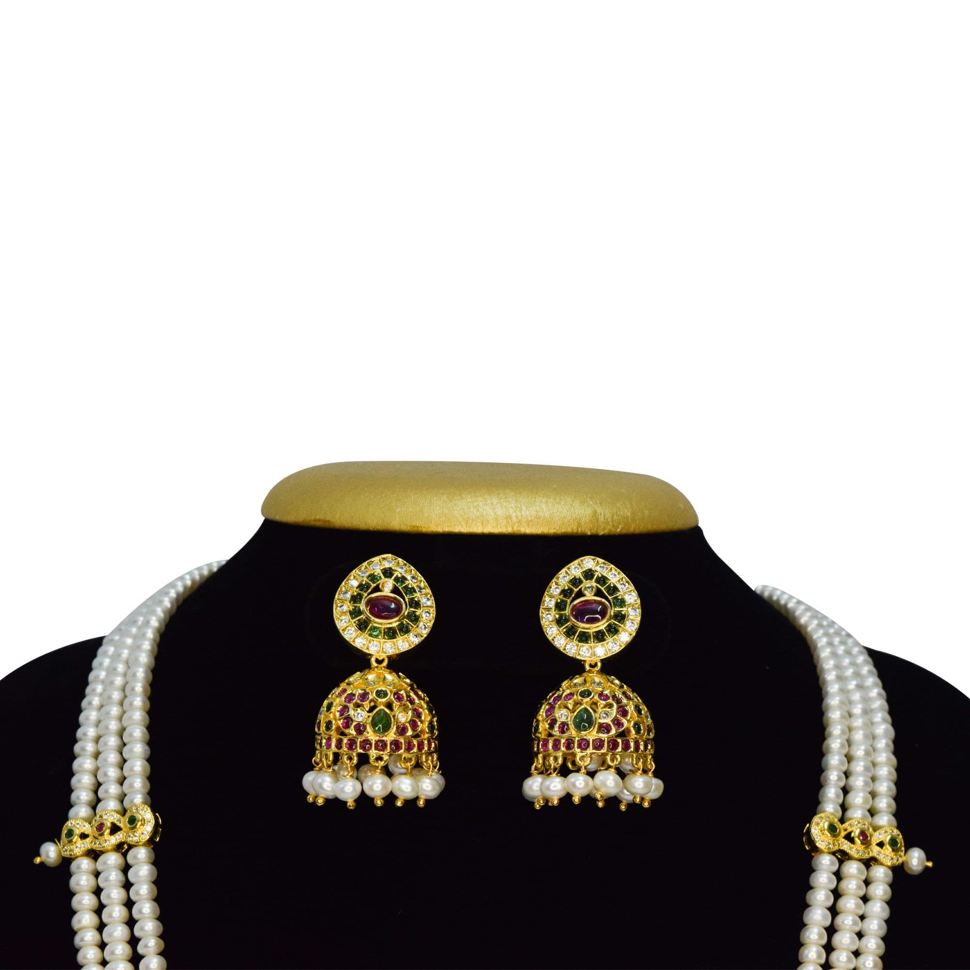 Majestic Triple-Line Pearls Haar With Traditional Kemp Pendant - Image 3