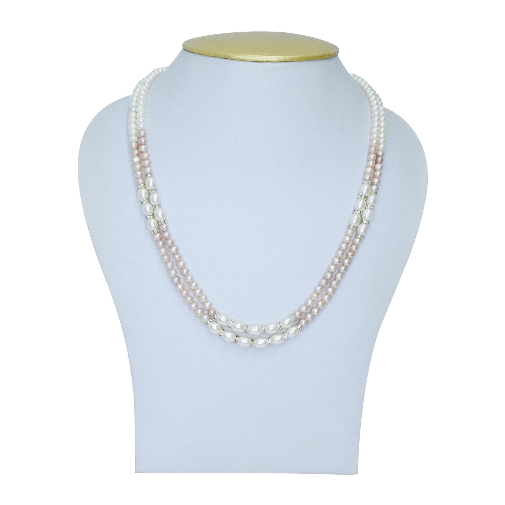 Graceful White & Pink Semi-Round Pearl Necklace With Zircon Roundels