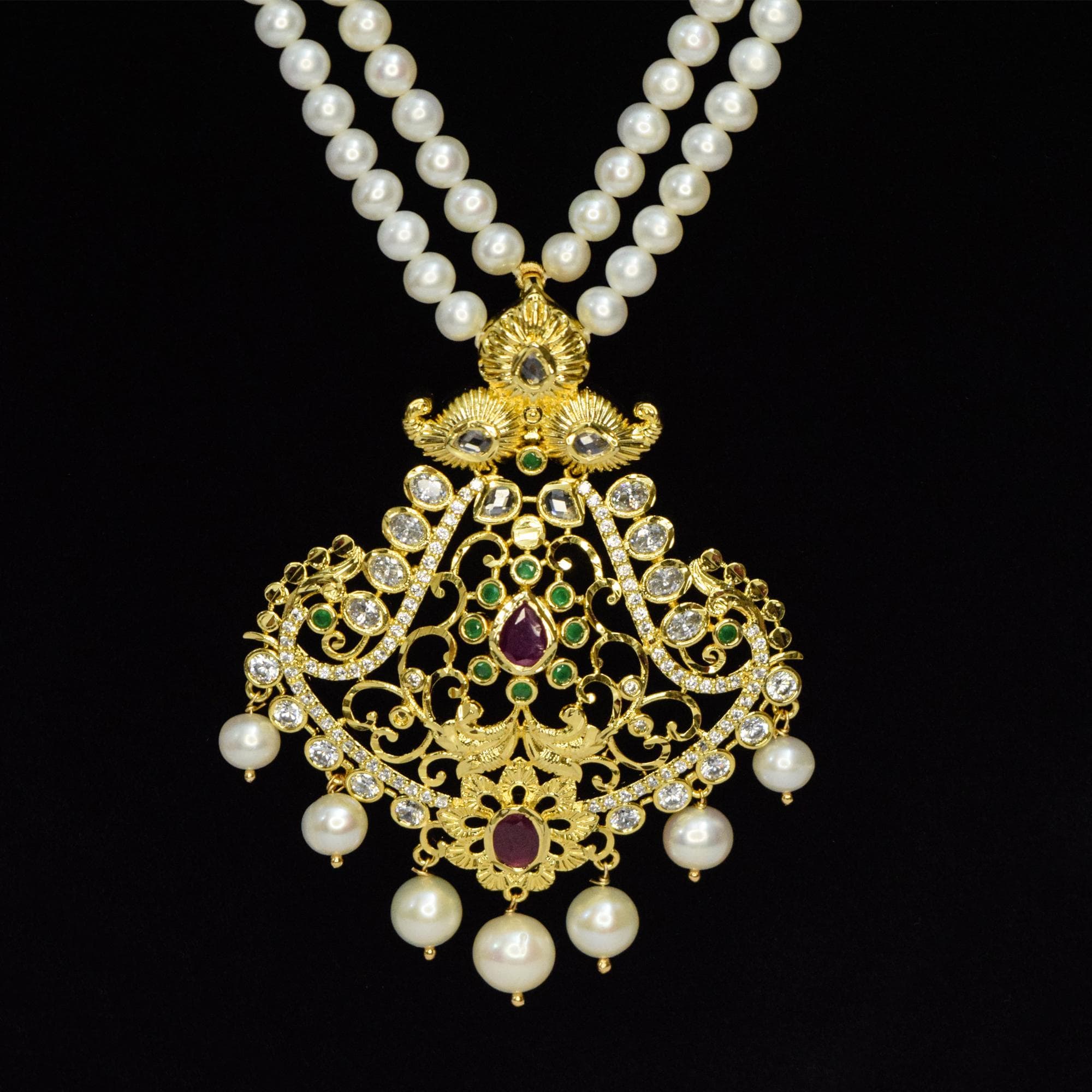 Grand Dual Row White Pearl Necklace With Traditional Pendant - Image 2