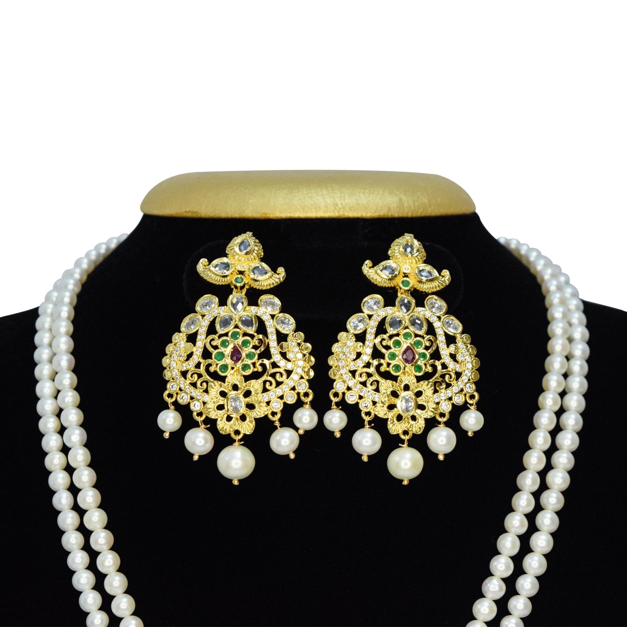 Grand Dual Row White Pearl Necklace With Traditional Pendant - Image 3