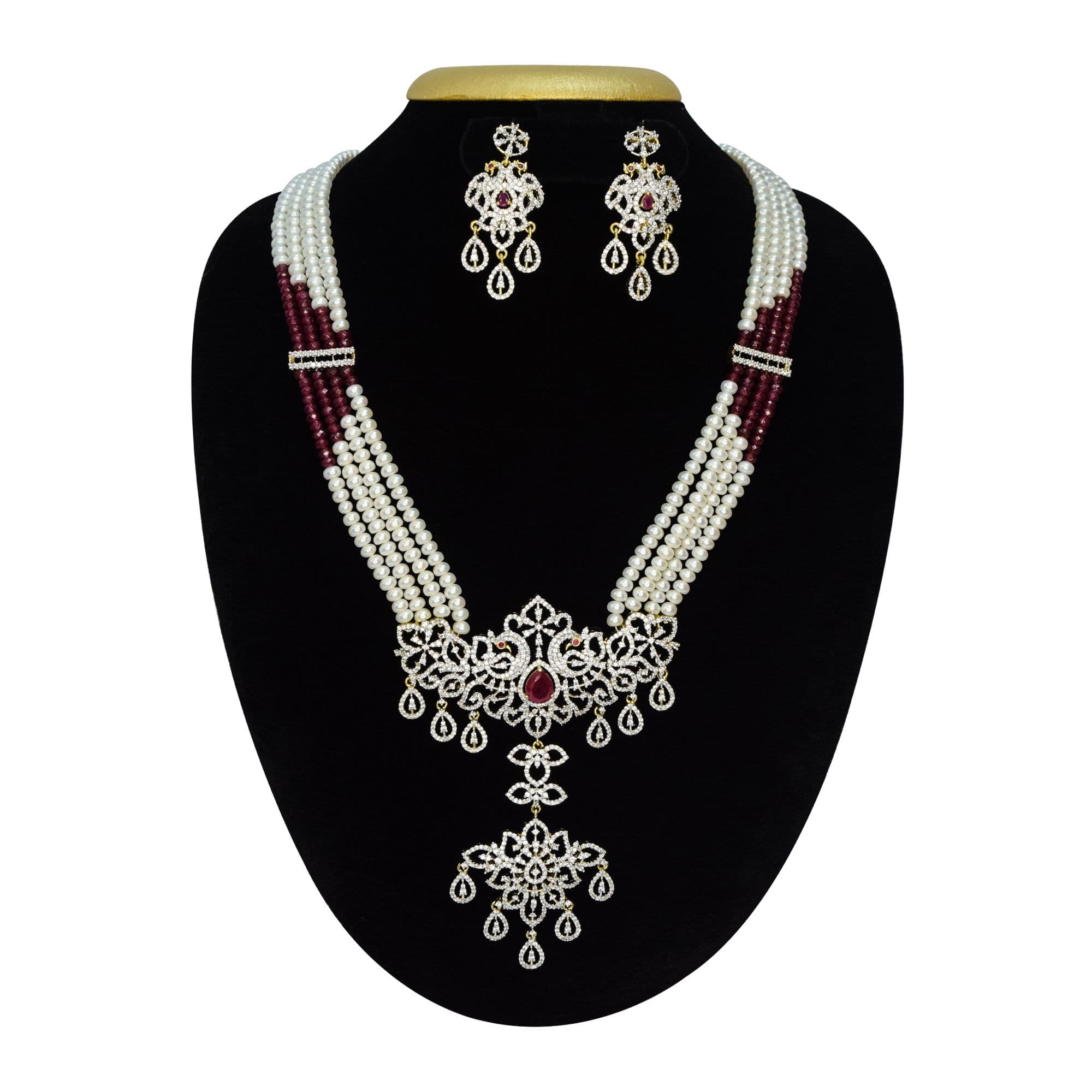 Royal White Pearls Haar With CZ Peacock Pathakam