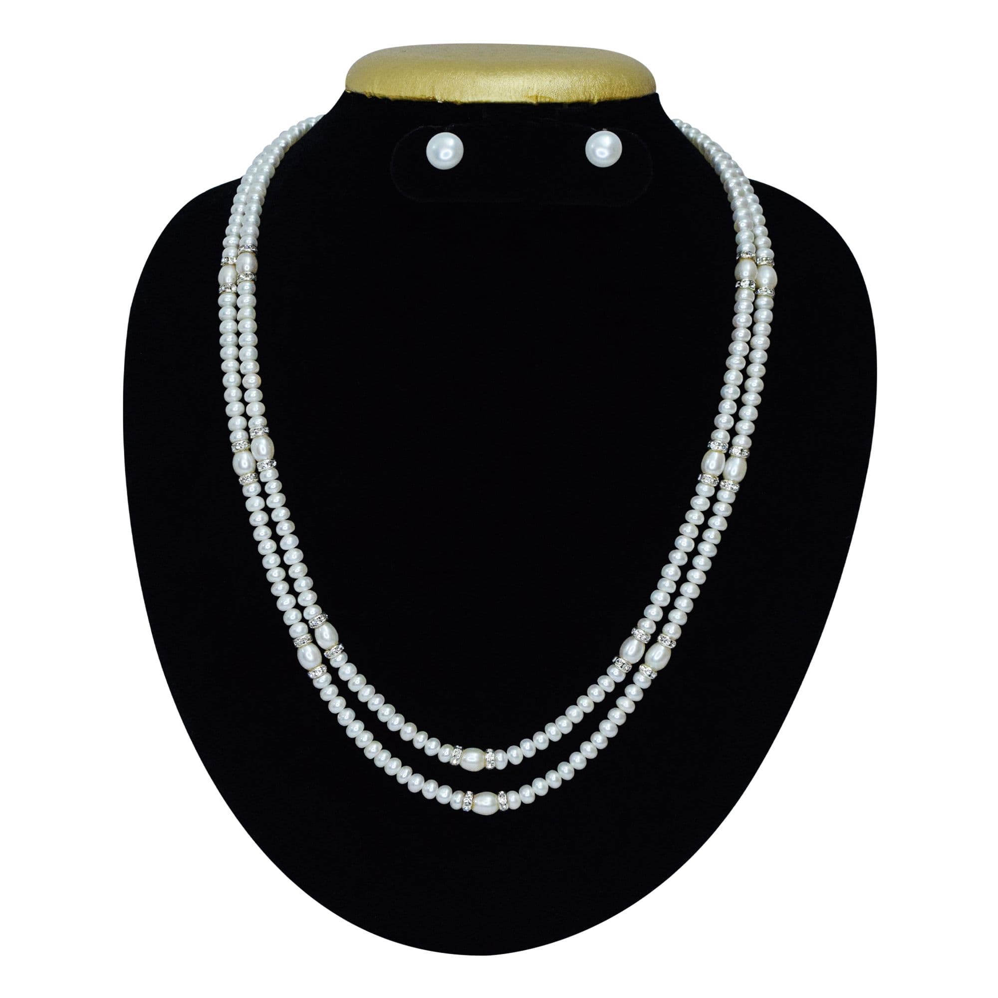 Sparkly 22Inch Dual Row White Pearl Necklace With Silver Zircon Roundels