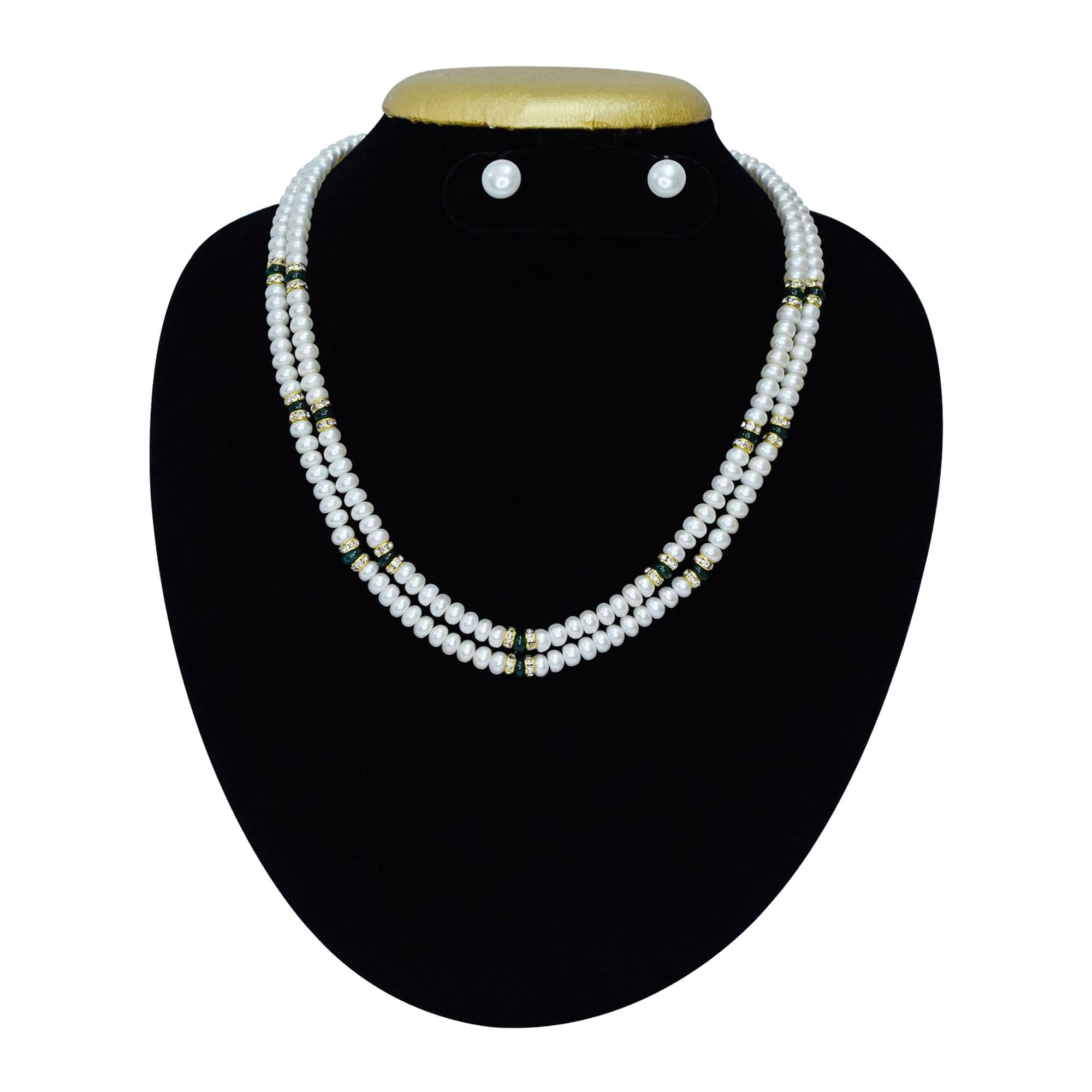 Subtle 19Inch Dual Row White Pearl Necklace With SP Emerald Beads