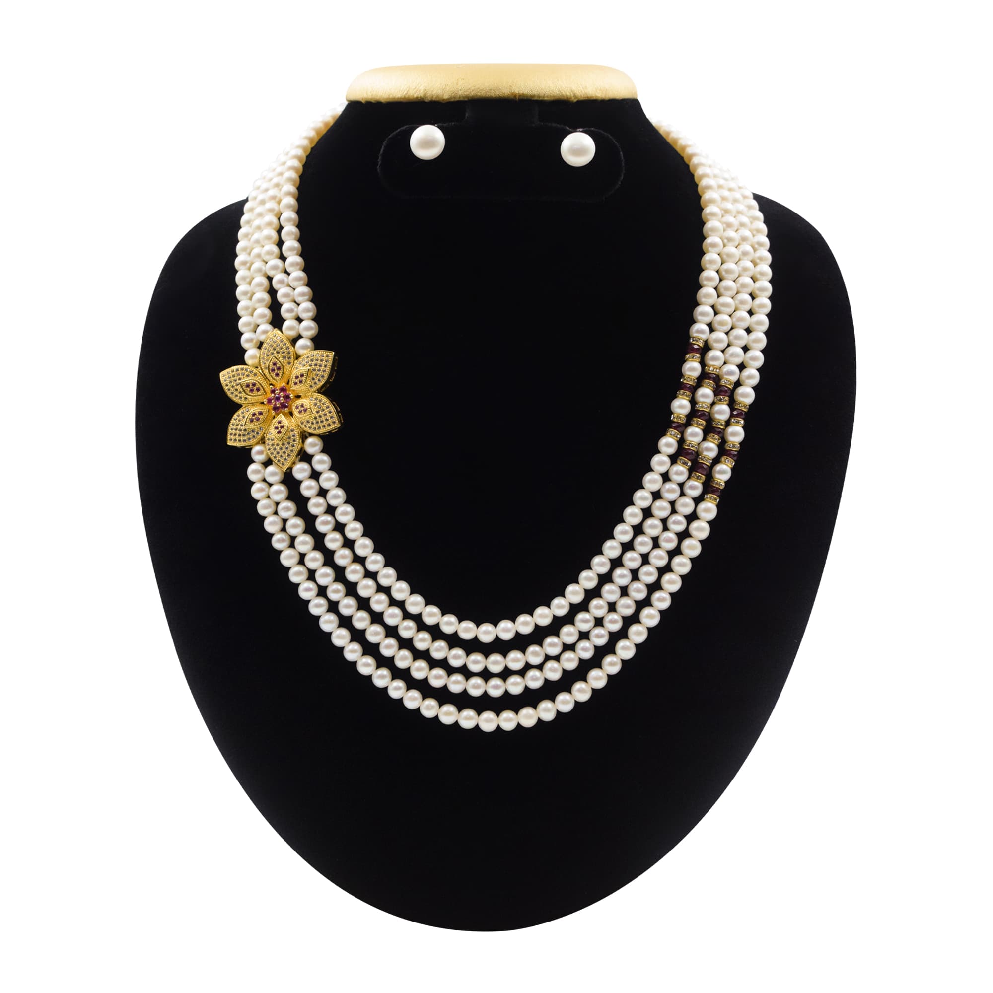 Fabulous 4 Rows Pearl Necklace With CZ Flower Pendant