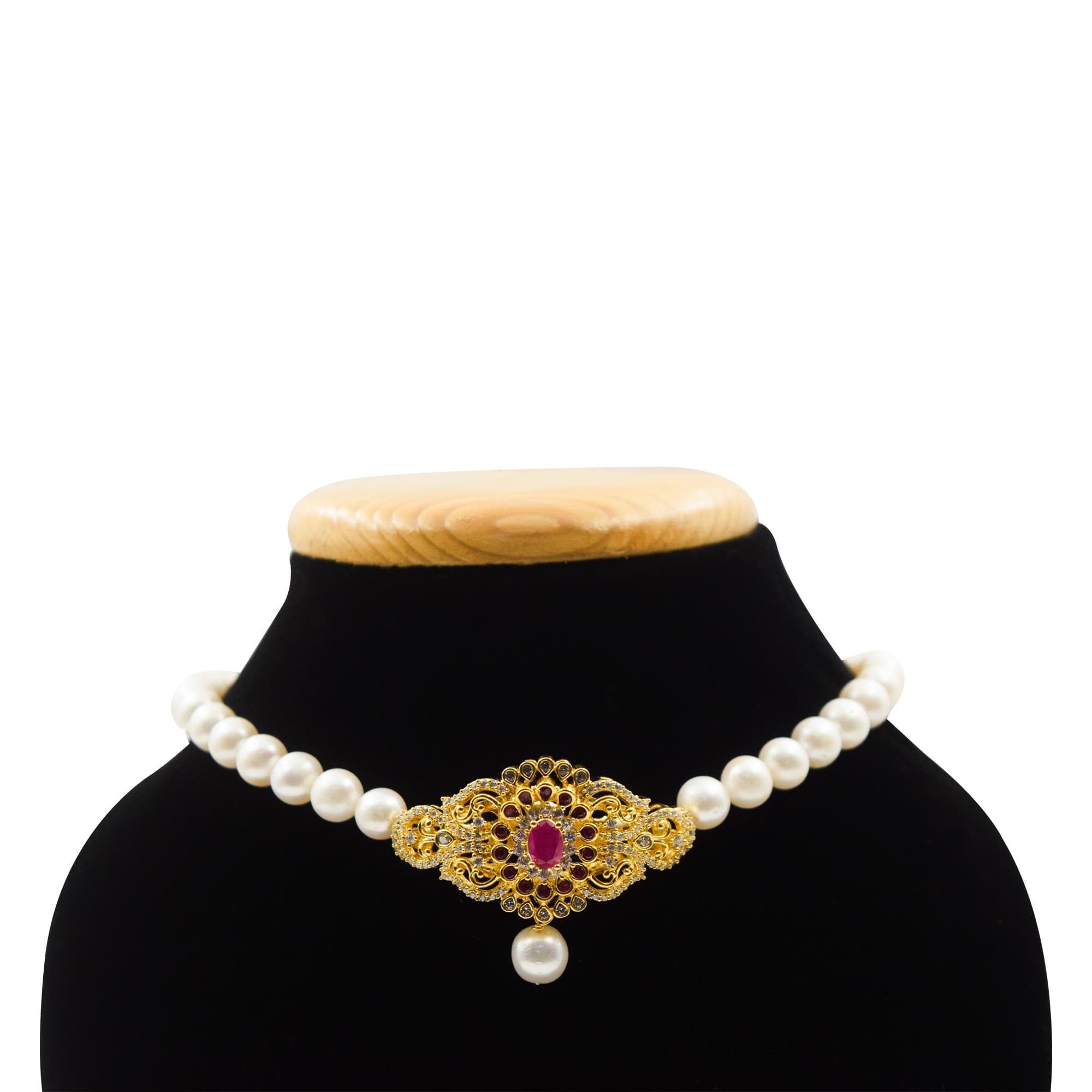 Lovely Pearls Choker With Ornate CZ & SP Ruby Pendant - Image 2