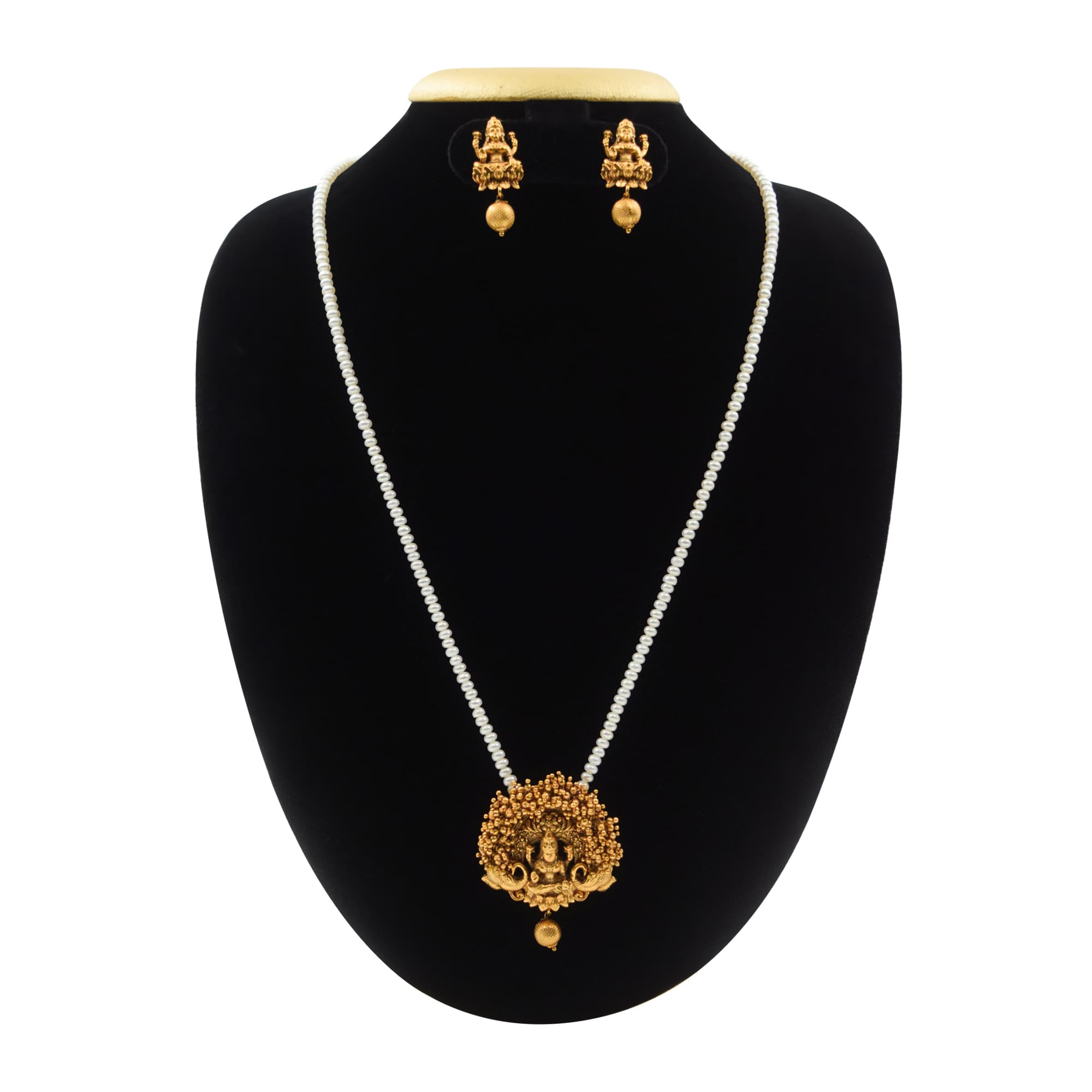 Divine White Pearls Necklace With Golden Matt Lakshmi Pendant