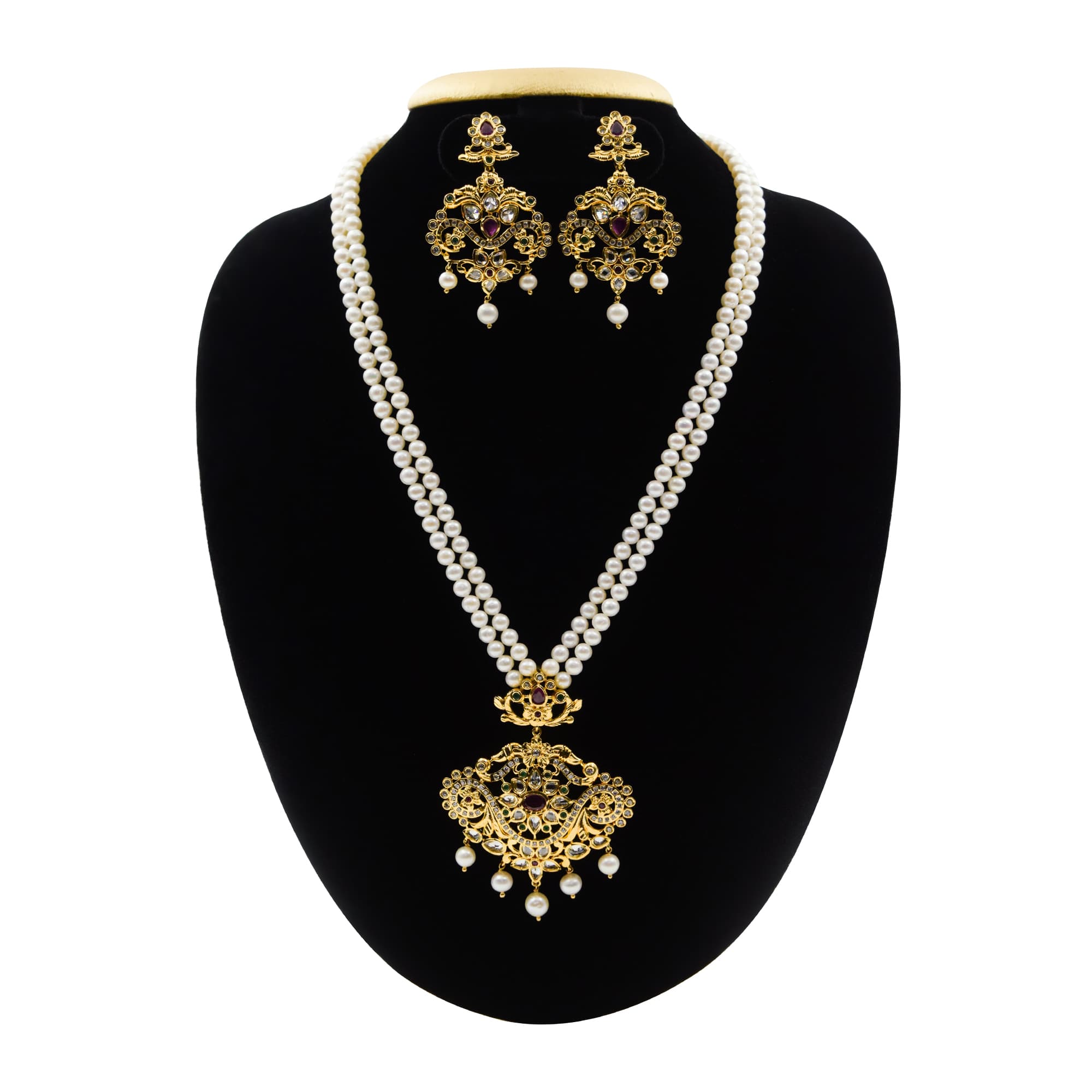 Luxurious Dual Row White Pearl Necklace With Traditional Pendant