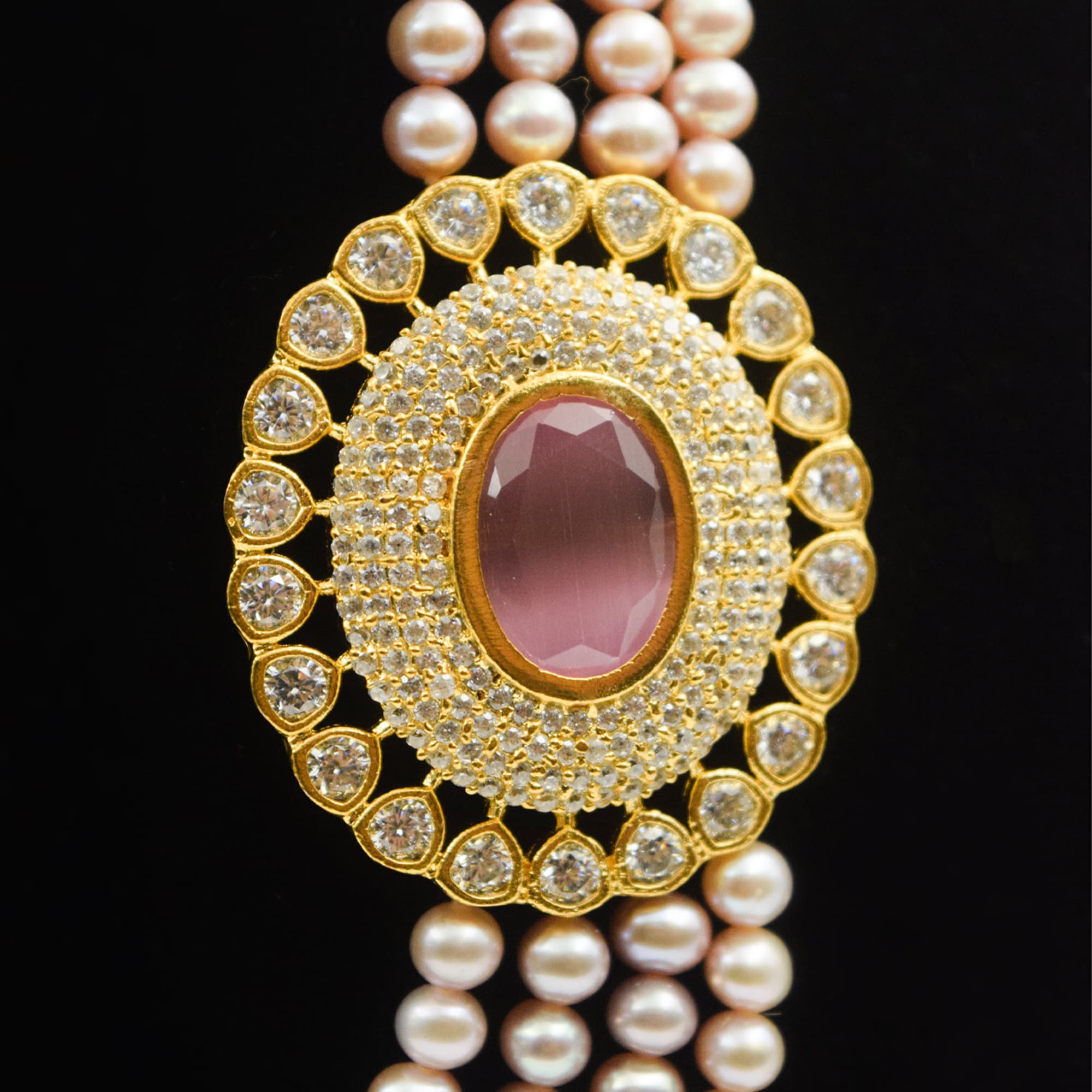 Stunning Multi-Layer Pink Round Pearls Necklace With Pink Quartz Side Pendant - Image 2