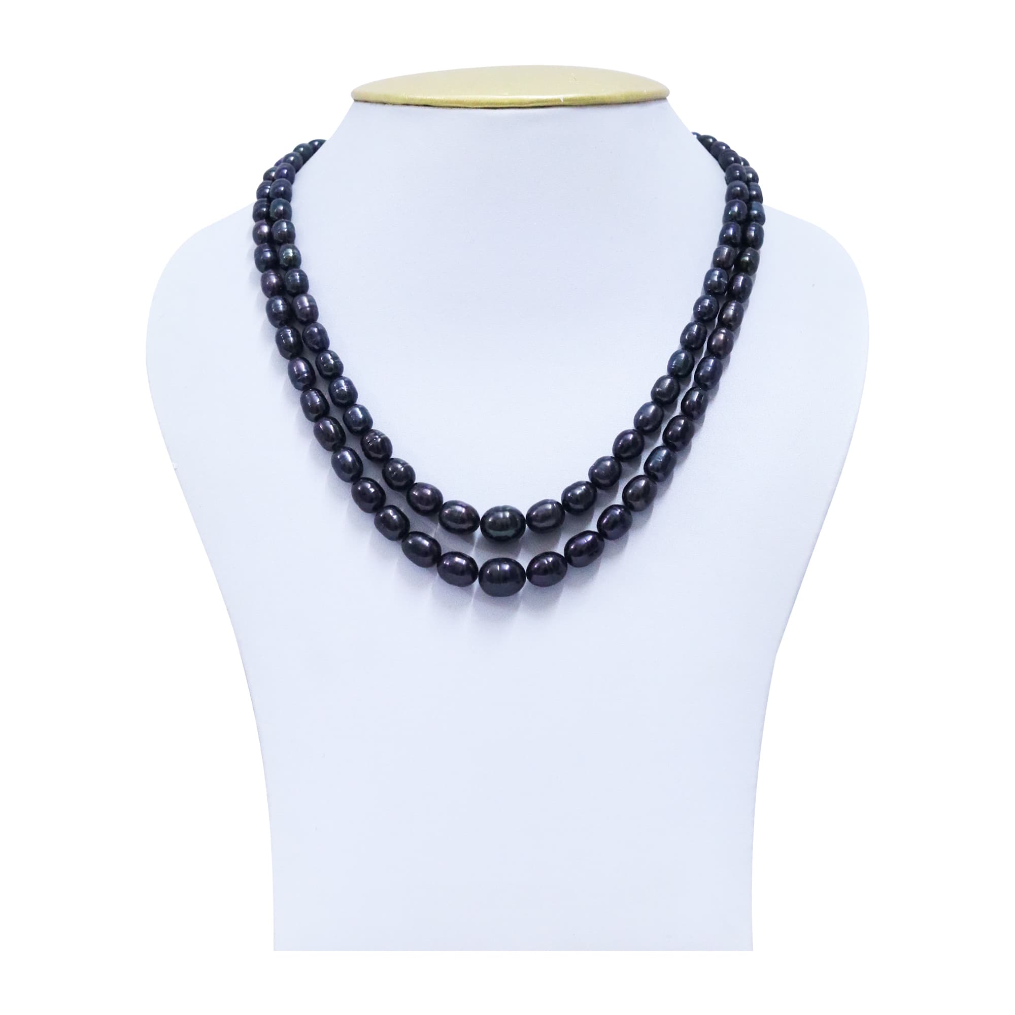 Striking Graduated Black Oval Pearls Two Line 18Inch Long Necklace