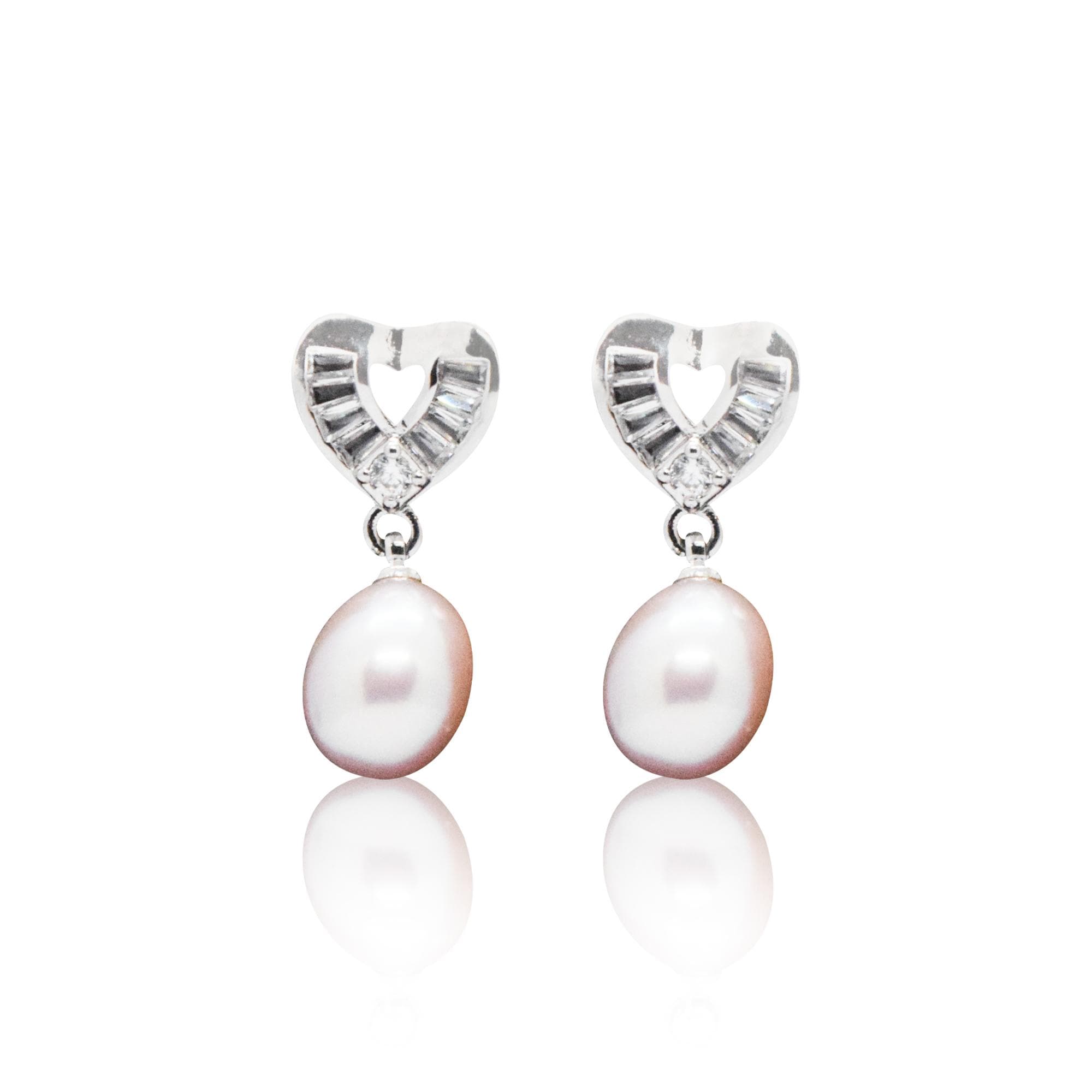 Pretty Heart Shaped CZ Studs With Peach Oval Pearl Drop