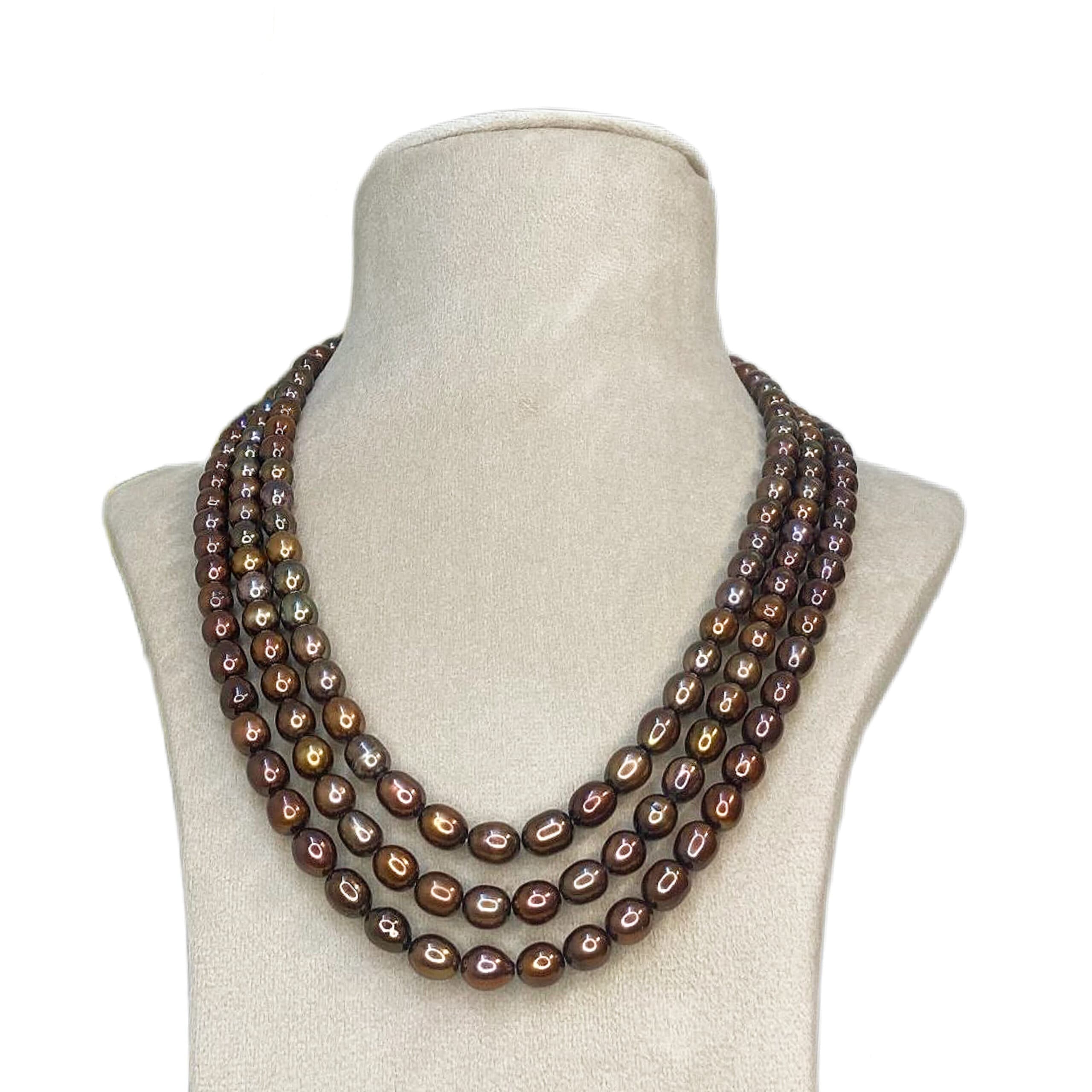 Irresistible 3 Line Chocolate Brown Oval Pearls 20 Inch Long Necklace - Image 2
