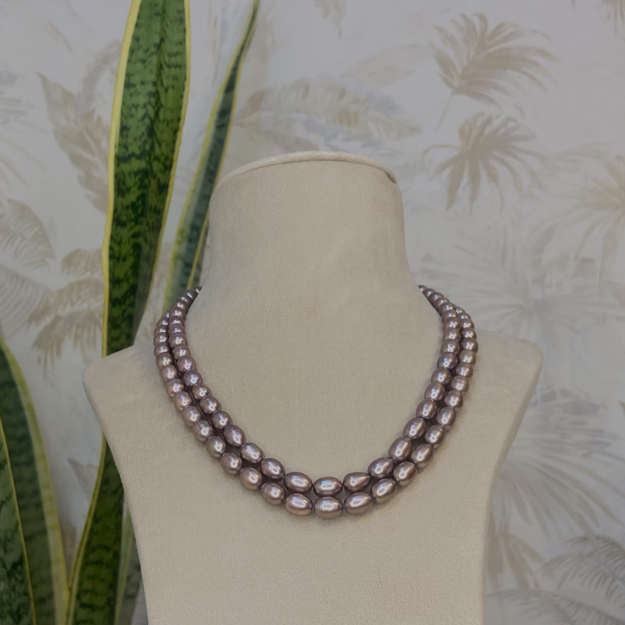 Elegant 6.5mm Rose Taupe Oval Pearls 2Line 17Inch Long Necklace
