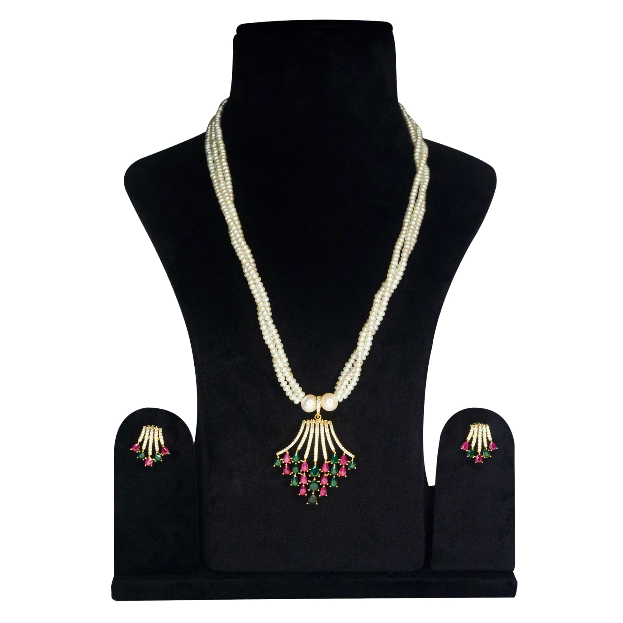 Gorgeous 3-Row White Semi-round Pearls Mala With Ornate CZ Pendant