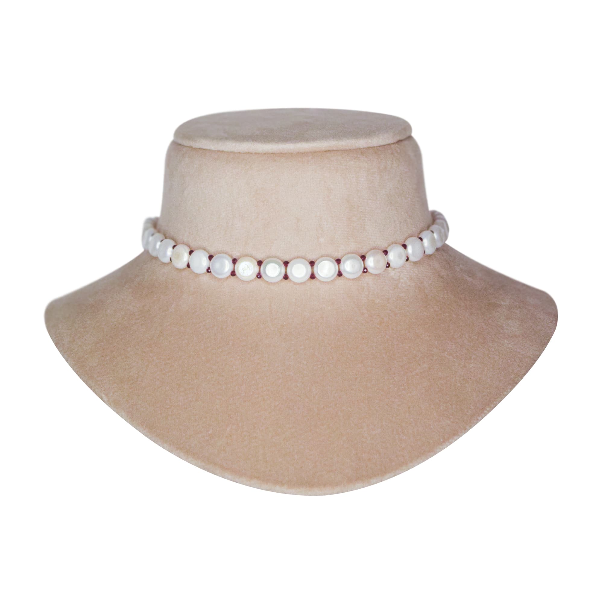 Classy White 8.5mm Button Pearls Choker With Maroon CZ Crystals