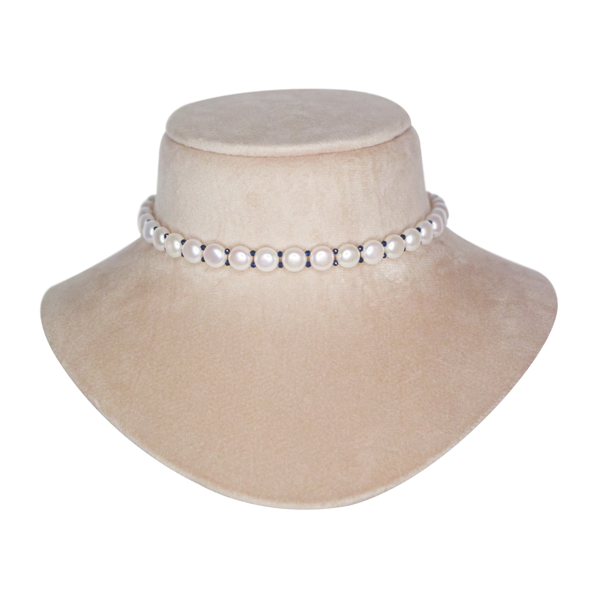 Subtle White 8.5mm Button Pearls Choker With Blue CZ Crystals