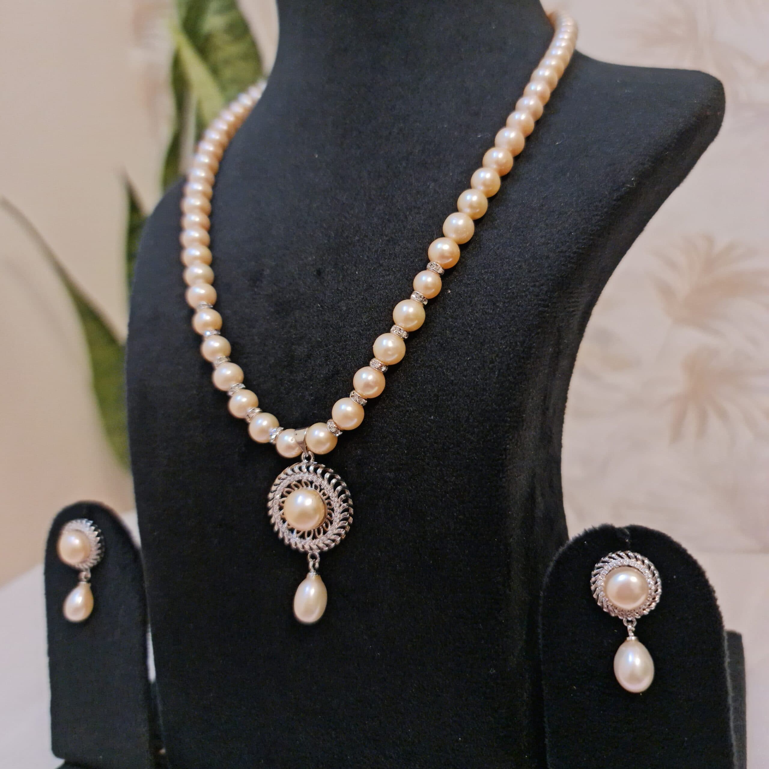 Elegant Peach Pearl Necklace with Radiant Silver Finish CZ Pendant