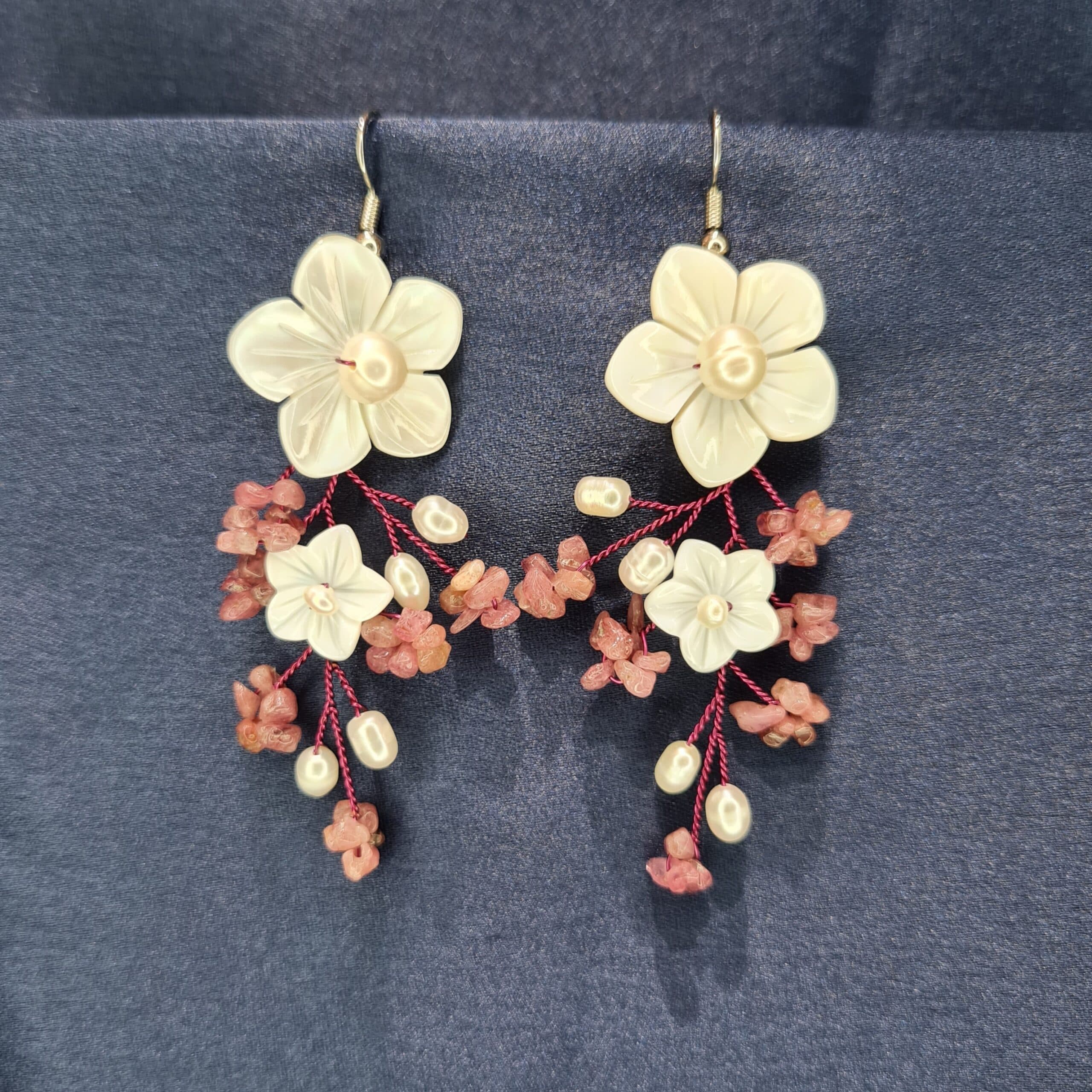 Dainty Pearl Earrings Featuring Mother Of Pearl Flowers & Ruby Pink Quartz