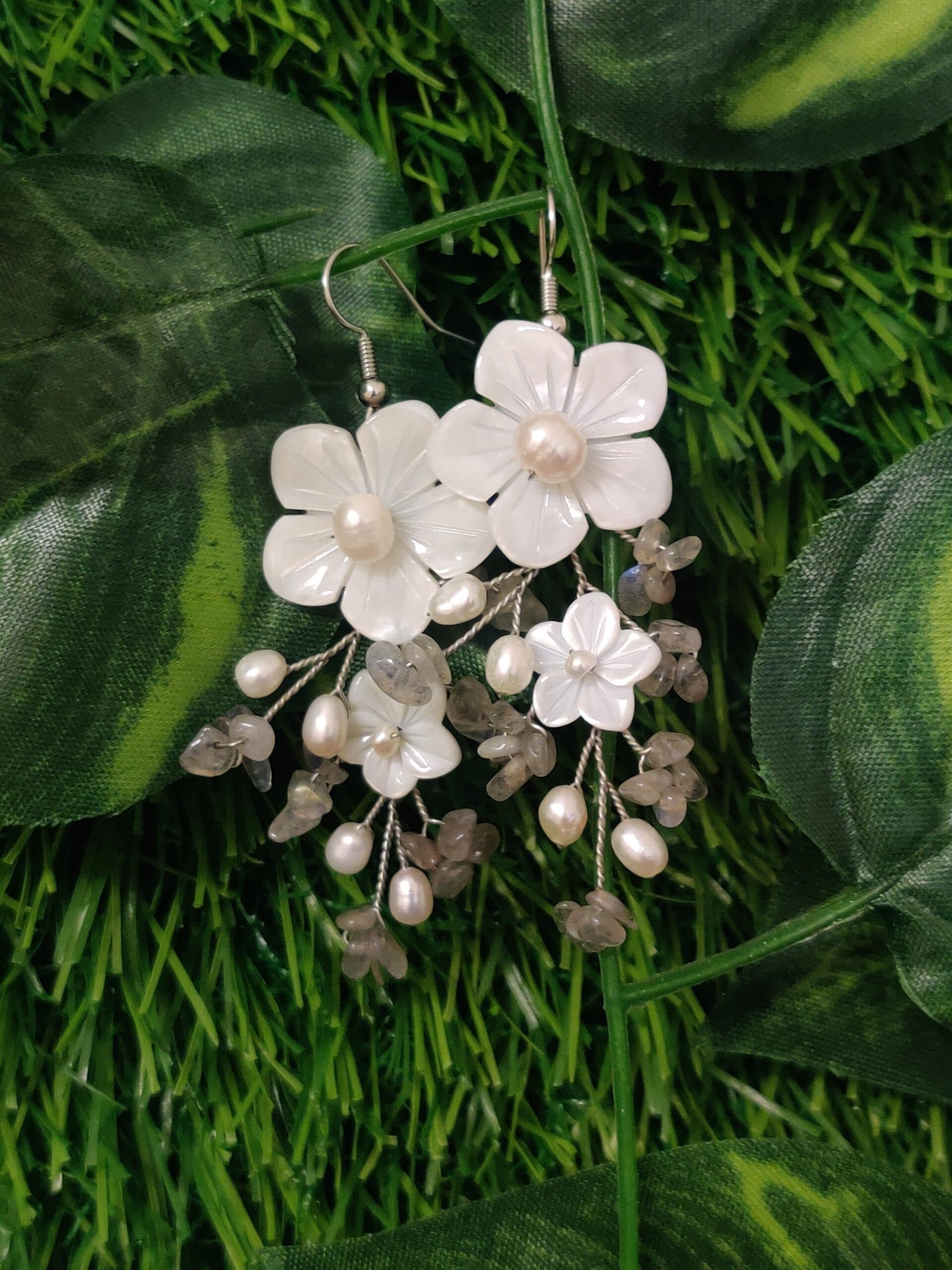 Lovely Pearl Earrings Featuring Mother Of Pearl Flowers & Grey Quartz - Image 2