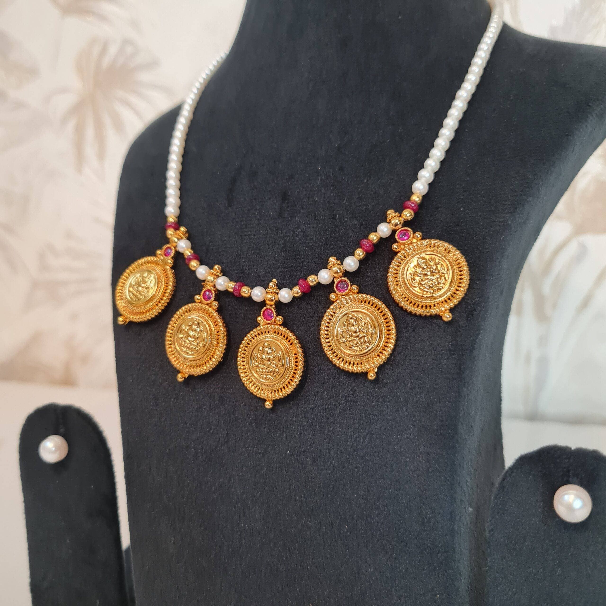 Radiant 4mm Round White Pearls Necklace With Lakshmi Kaasu & SP Ruby Beads - Image 2